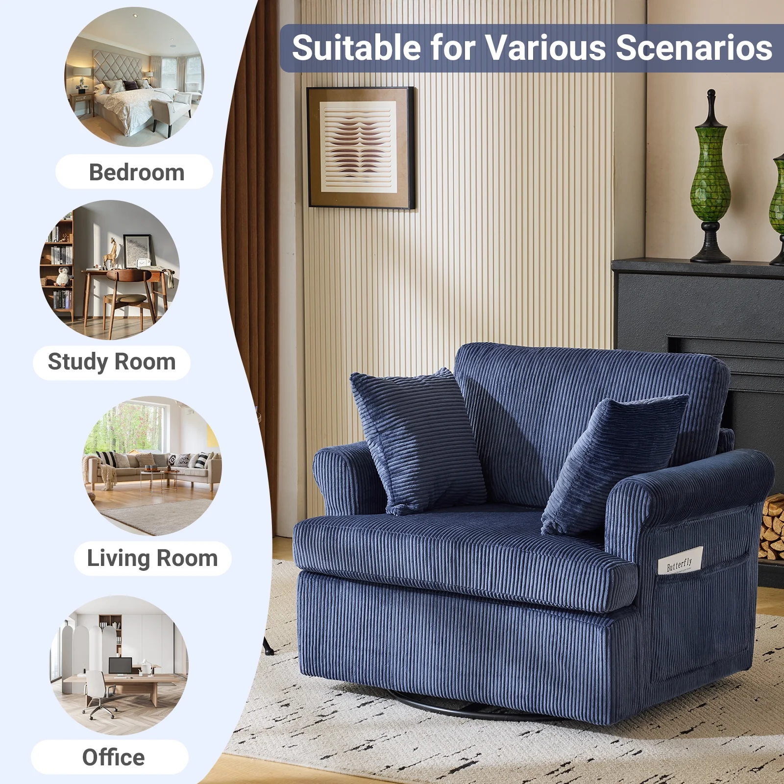 Ktaxon Swivel Accent Chair, 360-Degree Rotation Reading Chair, Corduroy Fabric Sofa with Armrest Pockets, Solid Metal Base, Perfect for Living Room Bedroom Black