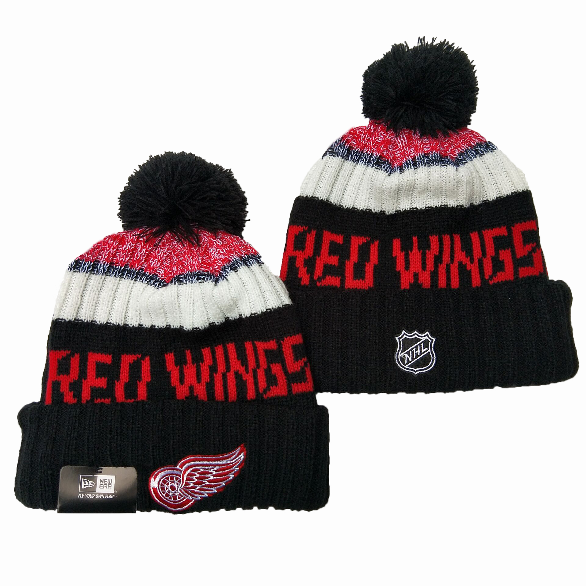 Men's Black Detroit Red Wings Knitted Hat with Pom