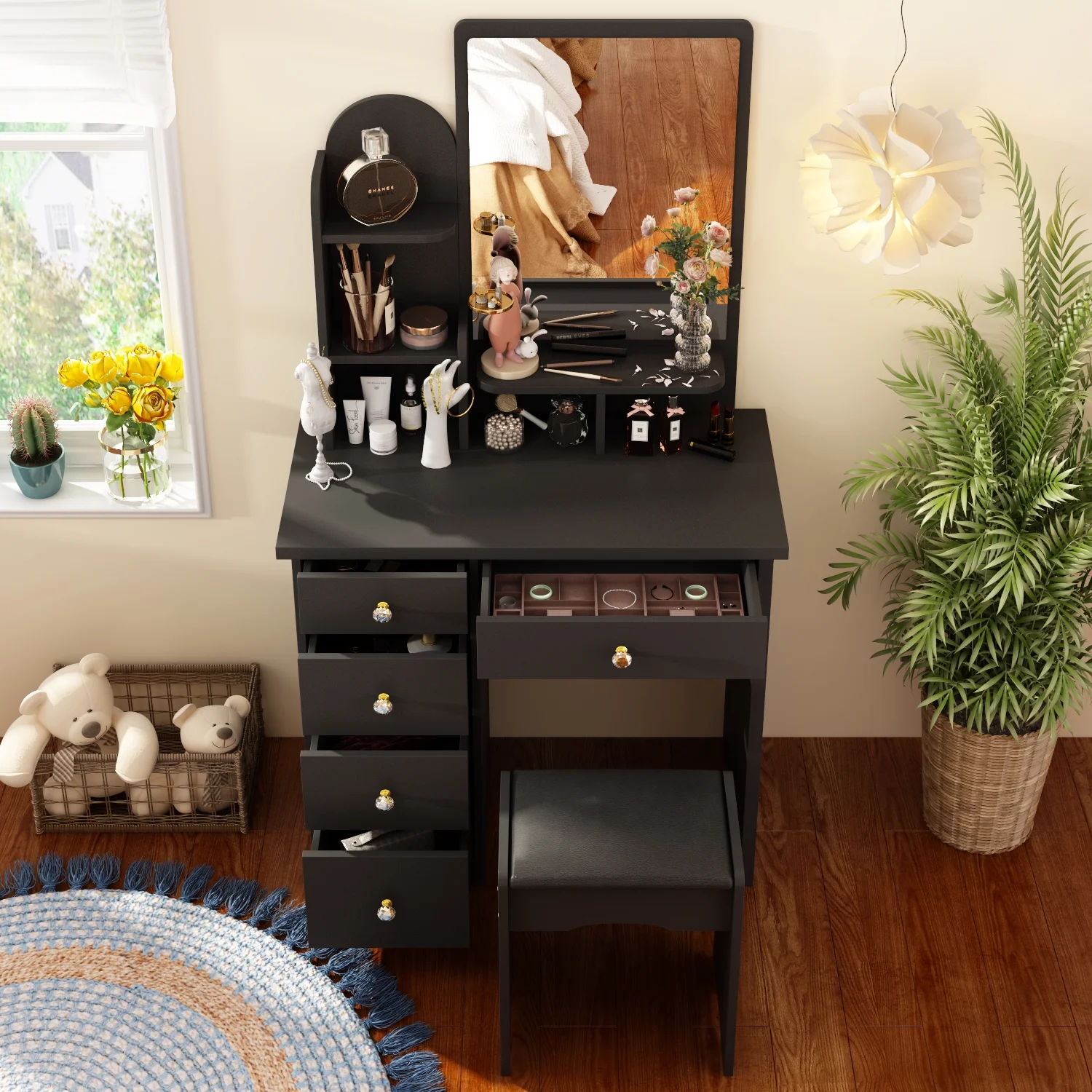 KULAGAGA Vanity Table Set with Light Mirror, Makeup Table with 3 Storage Shelves & 5 Drawers, Dressing Vanity Tables with , Dresser Desk for Girls, Women, White