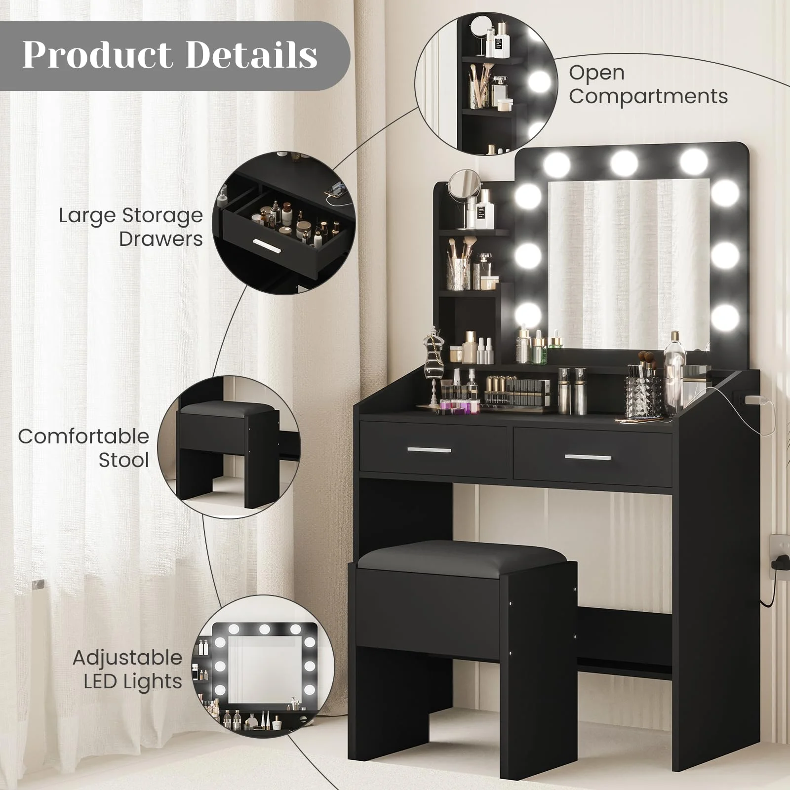 Yeshouse Vanity Desk with Mirror and Lights, White Makeup Vanity with 2 Drawers, 3 Light Mode and Brightness Adjusted, Makeup Table for Bedroom, Desk and Chair