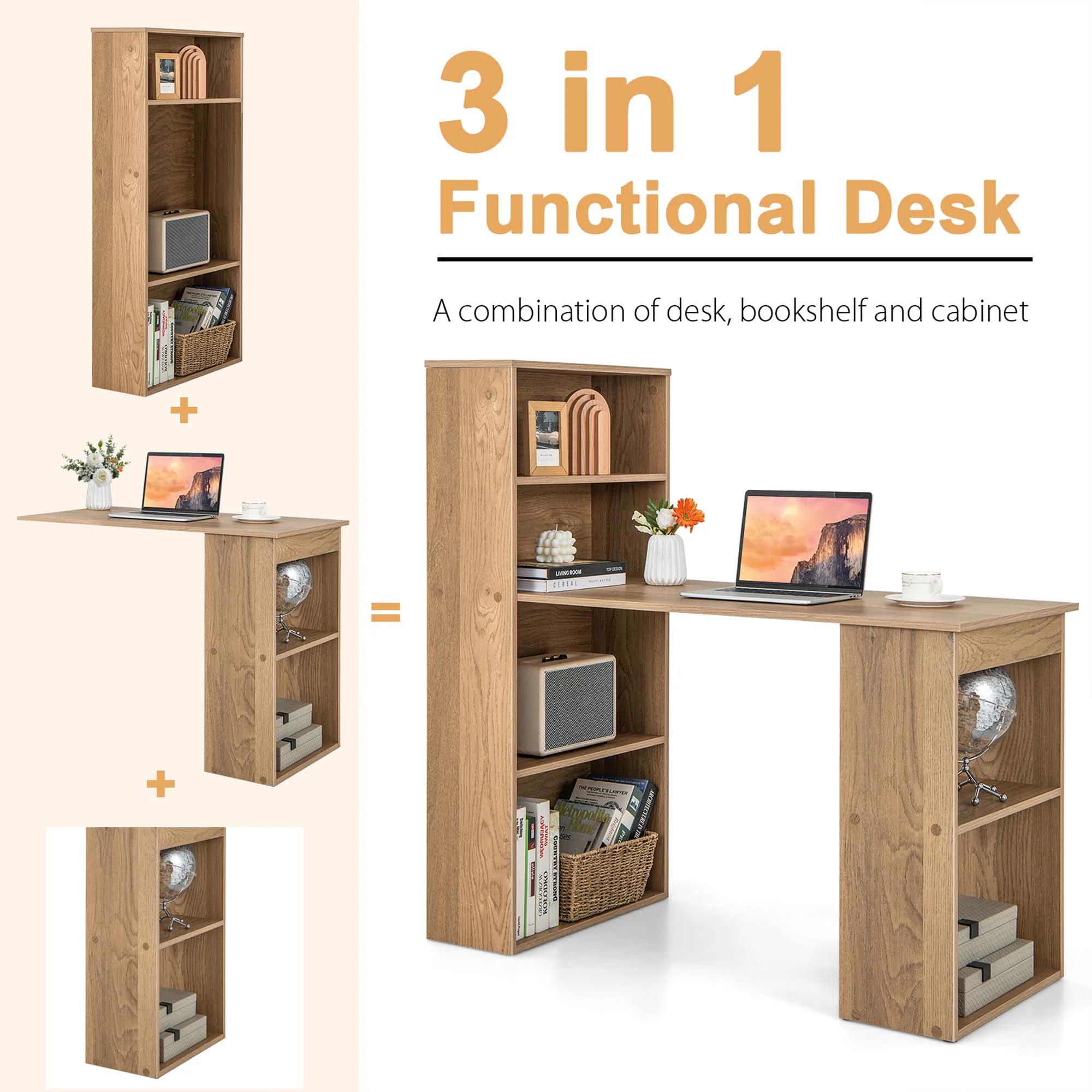 Costway Computer Desk Writing  Workstation Office 6-Tier Storage Shelves Natural
