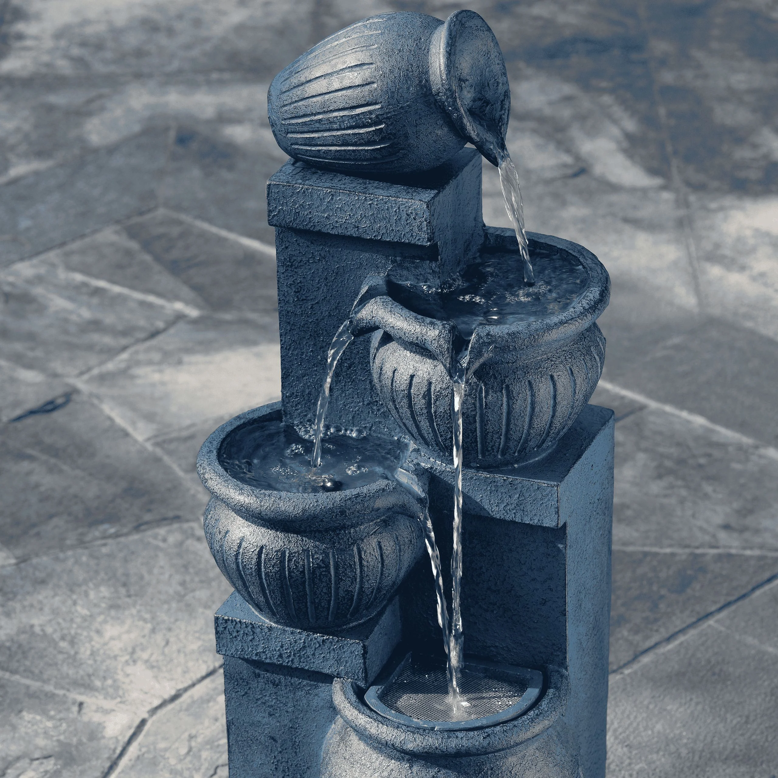 Teamson Home Outdoor Water Fountain with Lights�C 4-Tier Cascading Bowl Design with LED Light & Solar Pump, Solar-Powered Water Fountain Outdoor Garden, Yard, or Patio D��cor, Navy Blue