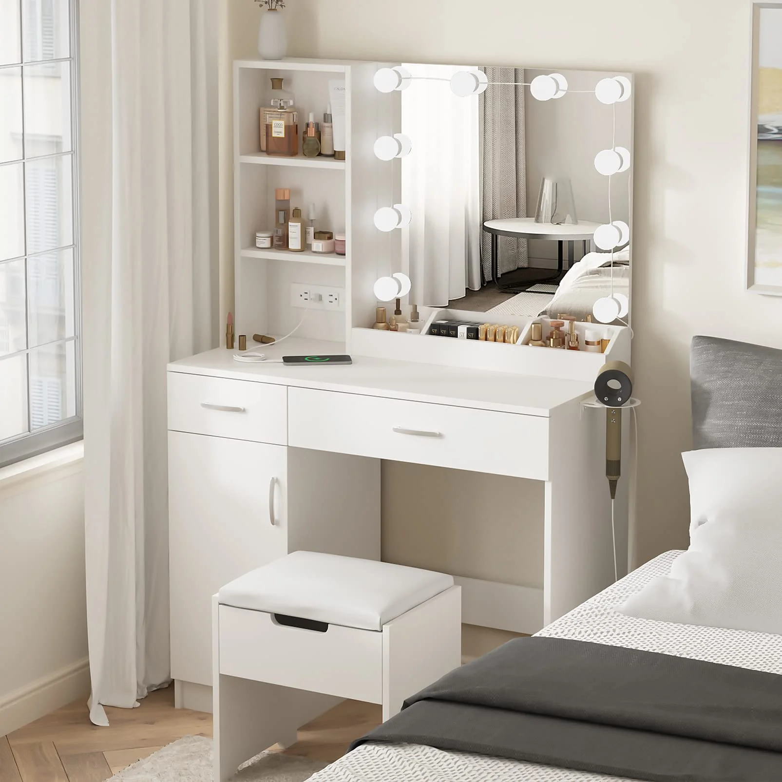 Veanerwood Makeup Vanity Desk with Lighted Mirror & Power Strip, Girls Dressing Table with Storage Shelves, White