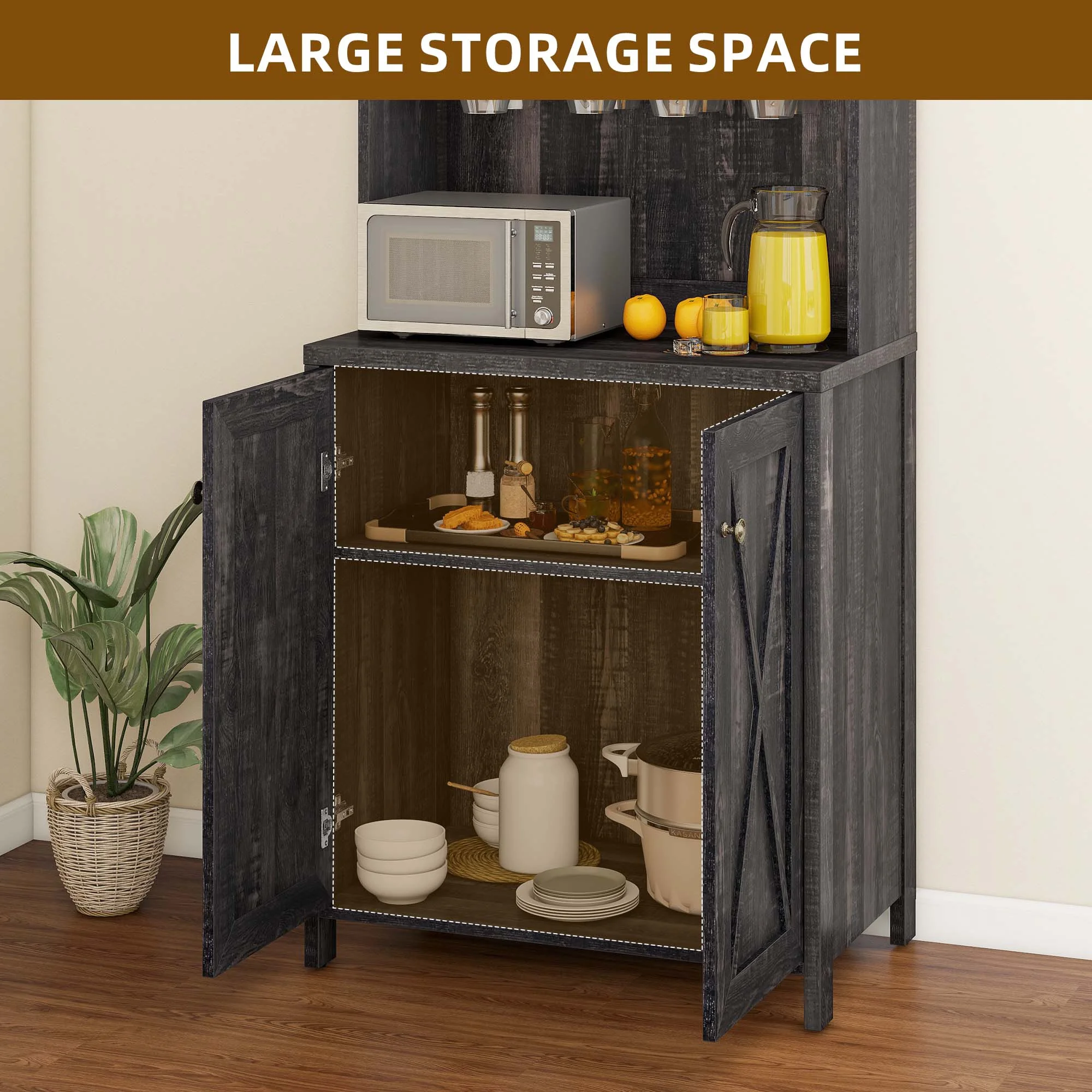 DEXTRUS Farmhouse Kitchen Pantry Storage Cabinet with Doors & Glass Holder, Dark Oak