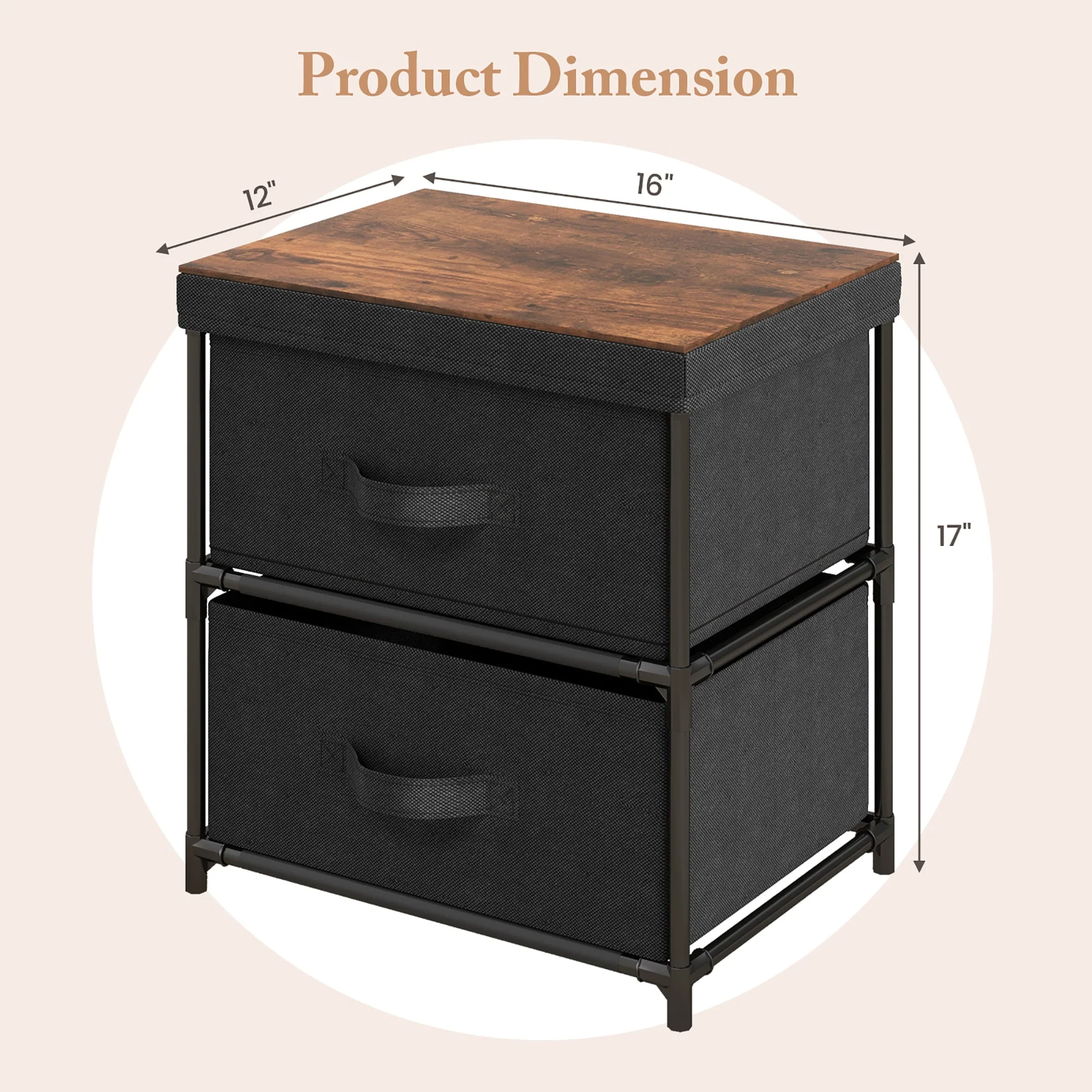 Gymax 2PCS Fabric Bedside Table 2 Drawers Nightstand Small Dresser Bedroom Living Room