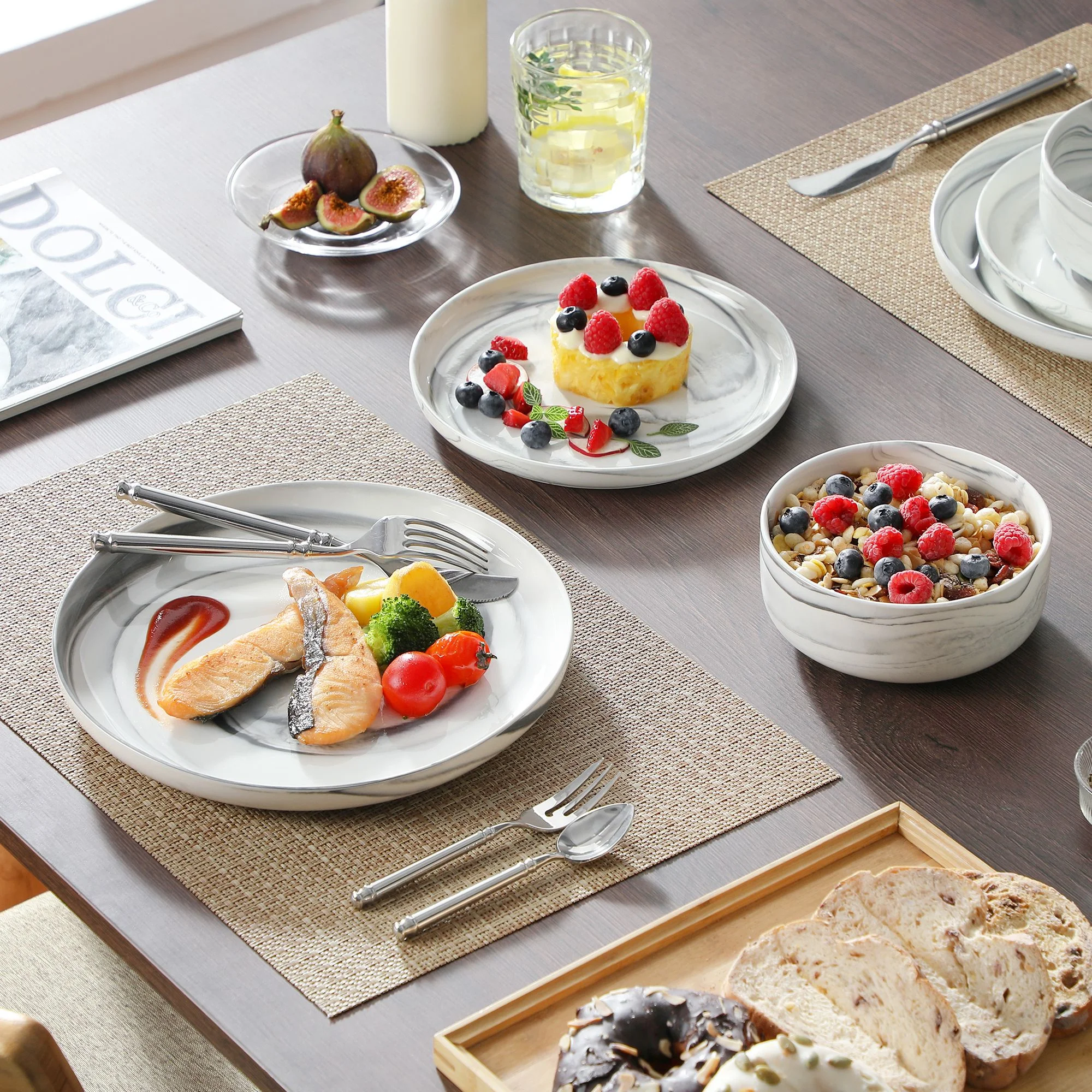 vancasso 36 Pieces Dinnerware Sets, Plates and Bowls Set for 8, Porcelain Dinner Set, White with Black Rim