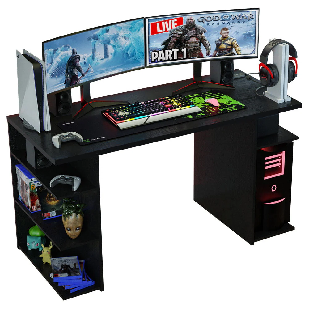 Madesa 53 inch Gaming Computer Desk with Shelves, Home Office Desk Writing Workstation, Wood - Black