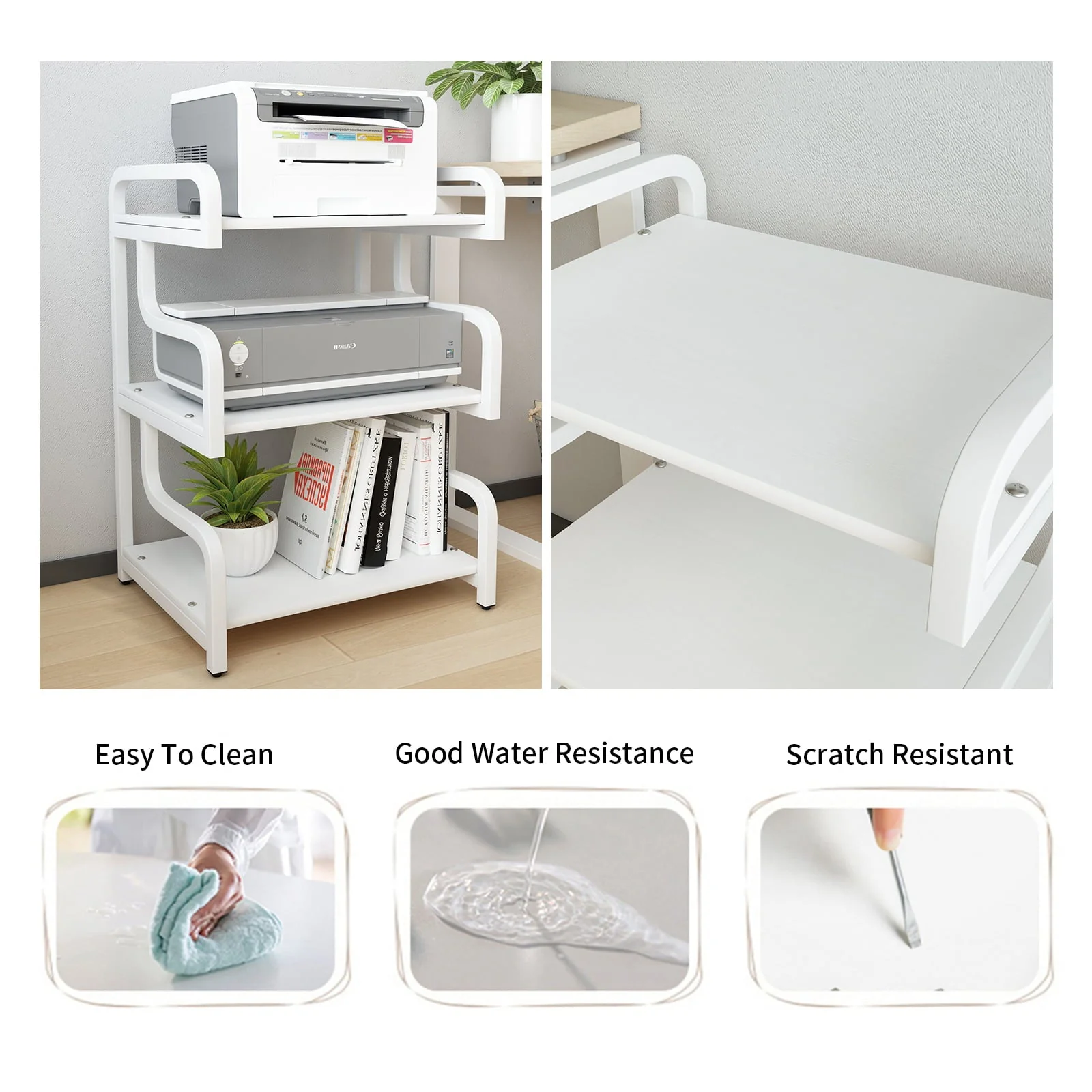 Natwind 3-Tier Printer Stand with Wheels Movable Storage Cart Floor-Standing Printer Cart Multi-Purpose Shelf Rack for Media Player (White)