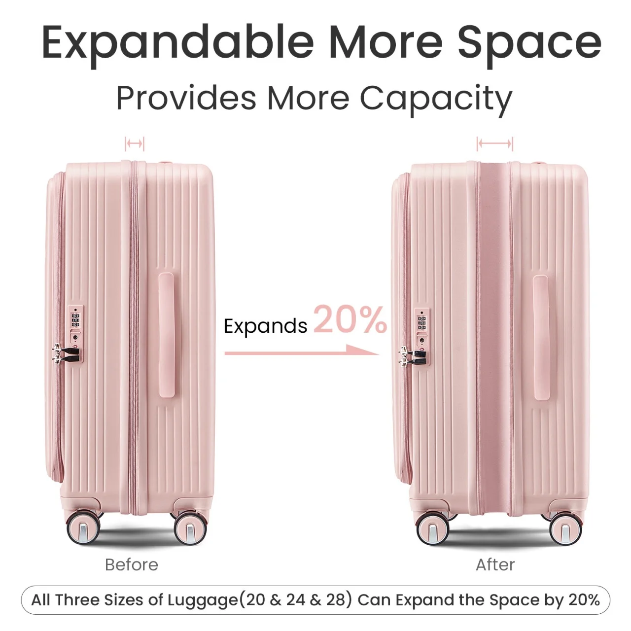 3 Piece luggage sets, Expandable Luggage 20/24/28 Inches with TSA Lock, PC Hardshell Luggage with Front Compartment, Airline Approved, Pink