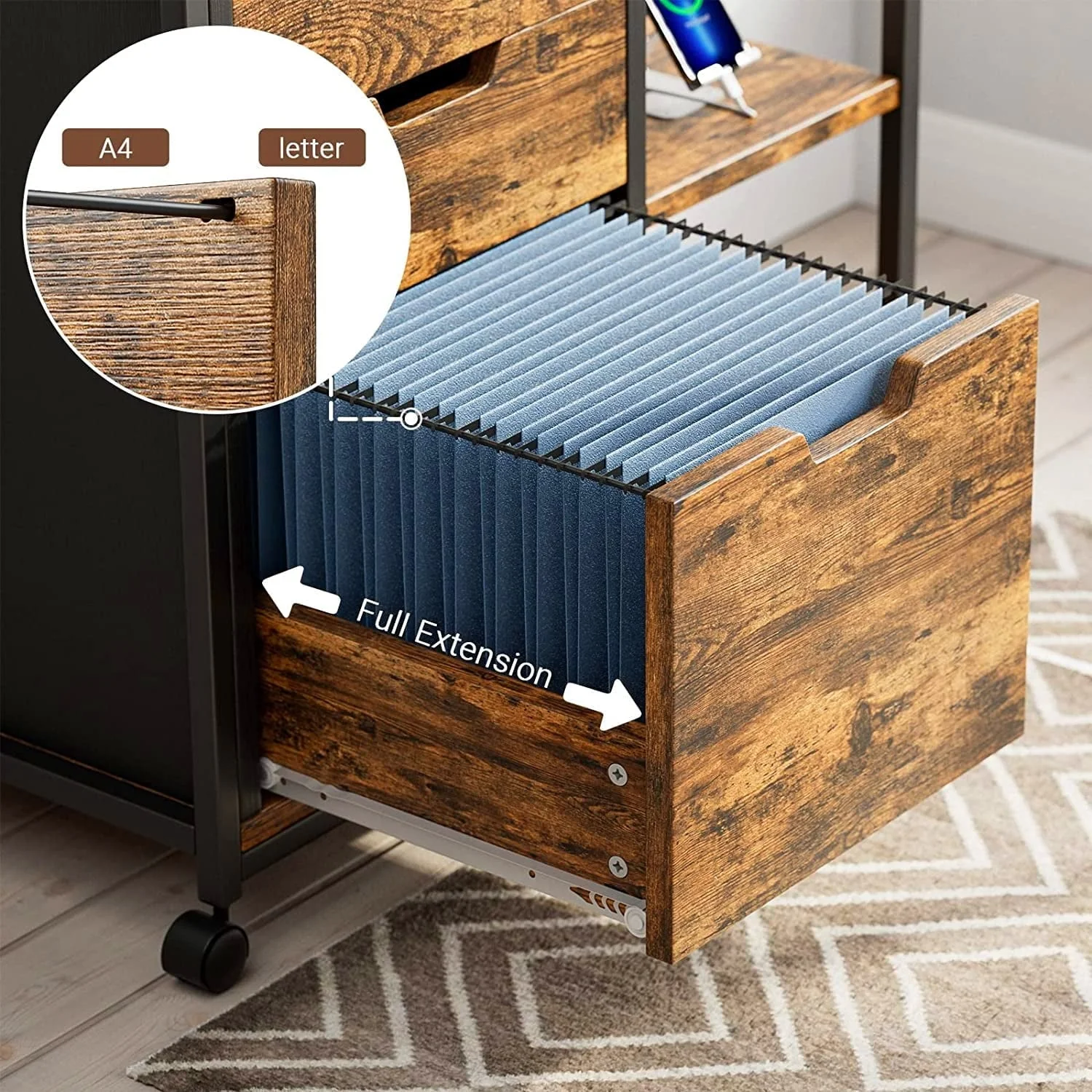 YaFiti File Cabinet, Wooden Rolling File Cabinet with Socket USB Charging Port, Lateral Filing Cabinet Organizer for Home Office , Rustic Brown