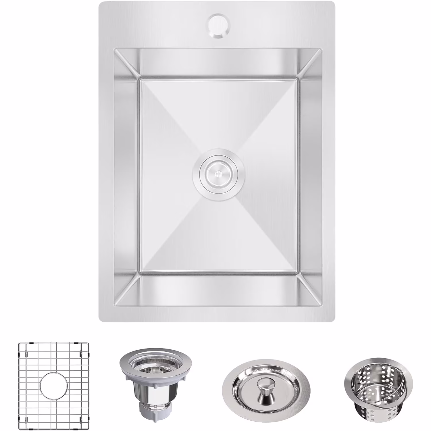 15 x 15 Inch Black Drop In Kitchen Bar Sink, Small Kitchen Sink Single Bowl Topmount Bar Prep Sink 18 Gauge Stainless Steel Bar Sink with Grid and Basket Strainer
