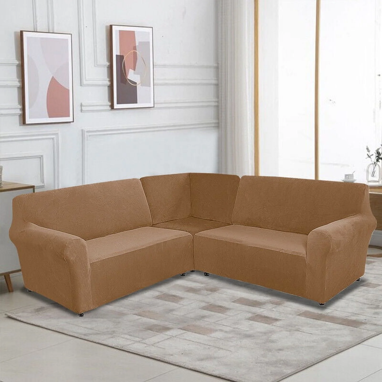 TOPCHANCES 3-Piece Velvet Recliner Sofa Covers, 7 Seat L-Shaped Corner Sofa Covers, Stretch Sectional Couch Slipcover ( Leather Brown )
