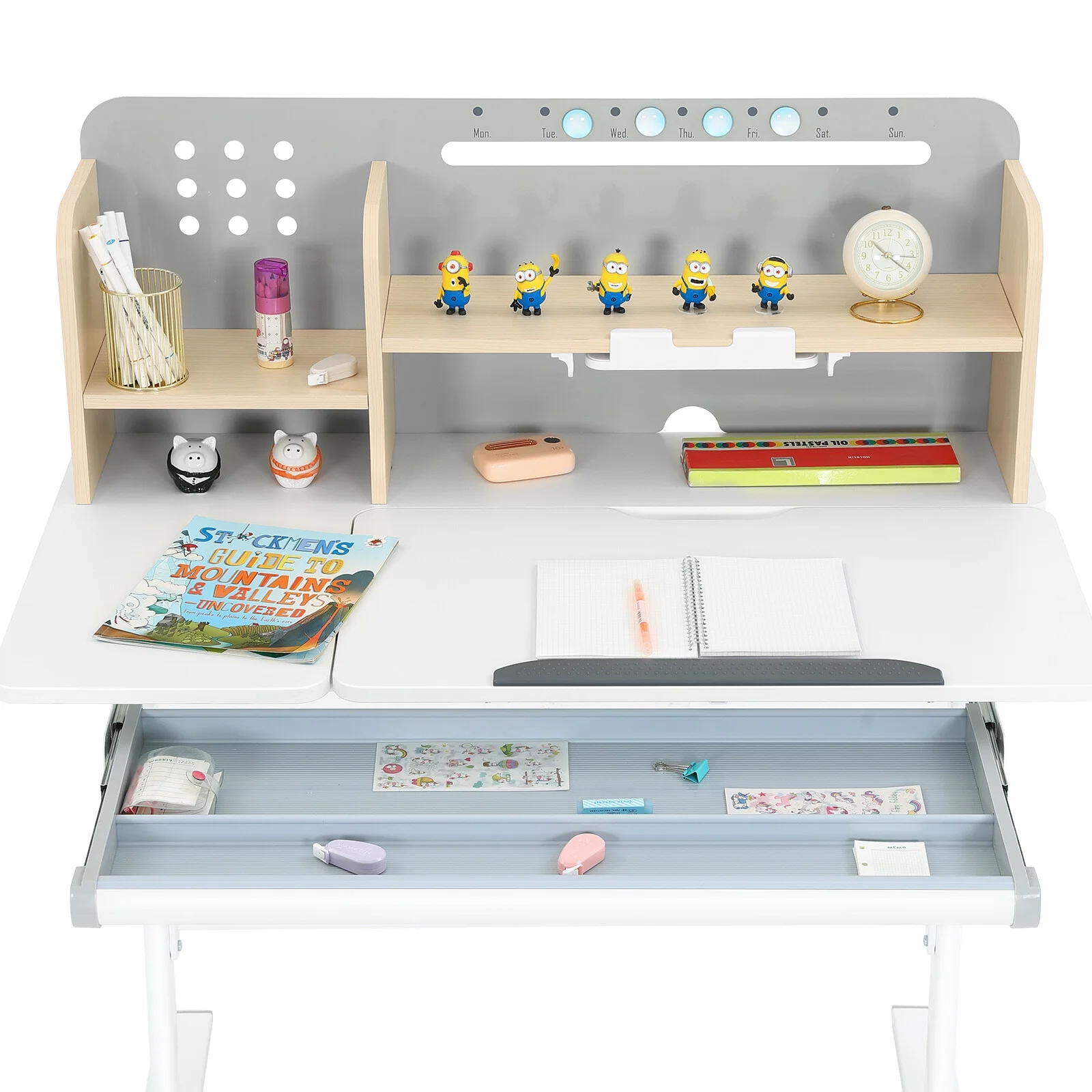 Adjustable Height Ergonomic Kids Study Desk & Chair Set Children Students Drafting Table Home School with Shelf,Drawer(Gray)