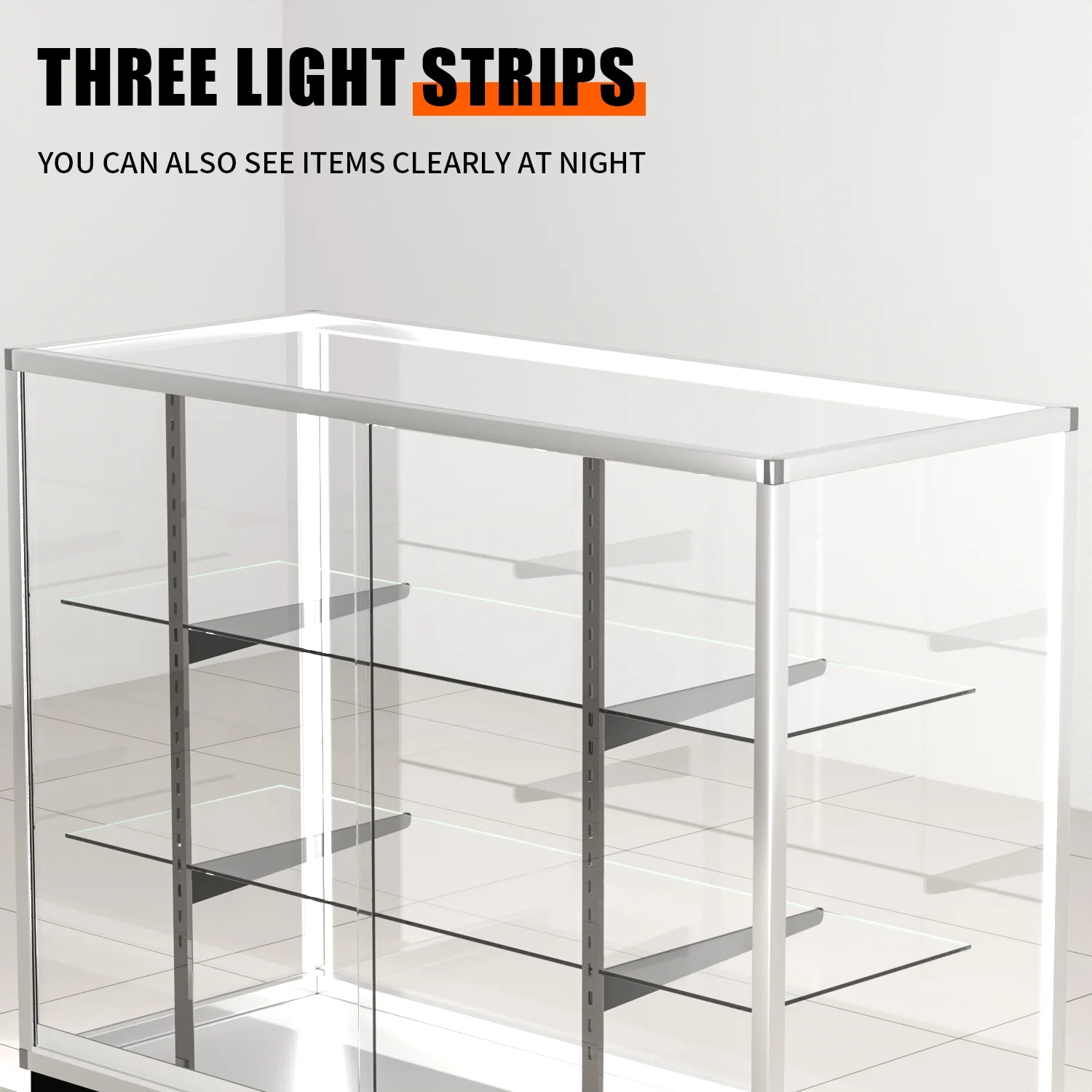 48��D * 20��W * 38��H - full vision glass display case