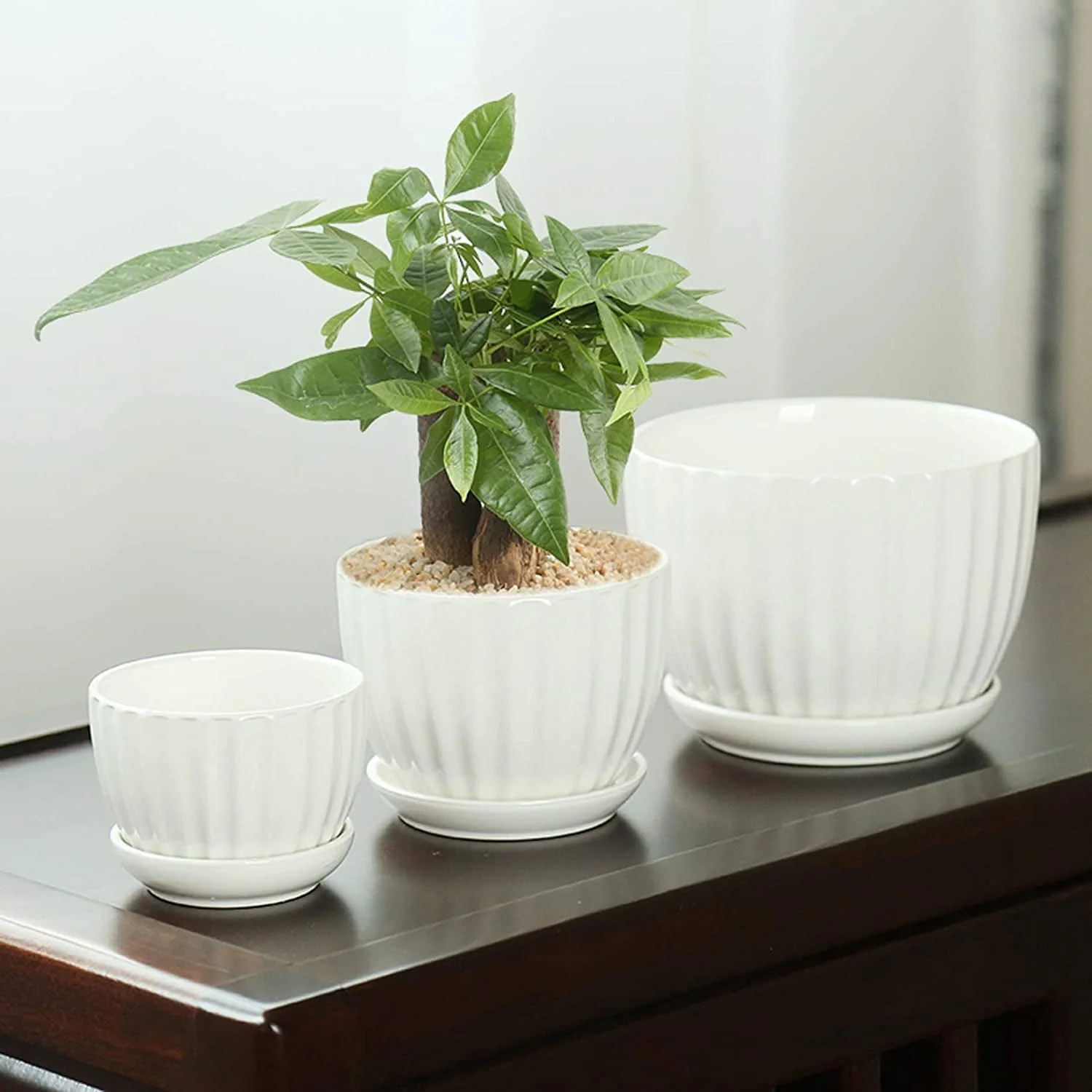 Ceramic Flower pots, White Garden Pots Succulent Cactus Planters with Drainage Saucers, Indoor & Outdoor, Set of 3, Gift for Woman Wife Mother