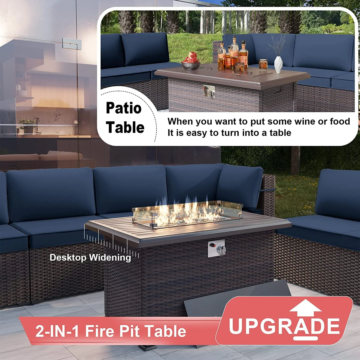 Kullavik Outdoor Patio Furniture Set with Gas Fire Pit Table, 13 Pieces Outdoor Furniture Set Patio Sectional Sofa w/43in Propane Fire Pit, PE Wicker Rattan Patio Conversation Sets,Navy Blue