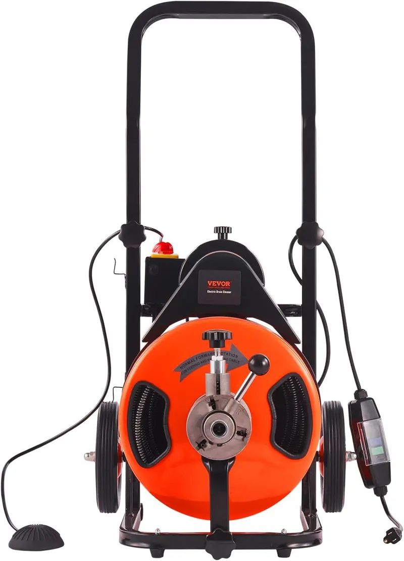 100-Foot Auto-Feed Drain Auger Snake with Air-Activated Foot Switch — 1/2″ Cable. 4 Cutters. Fits 1″–4″ Pipes