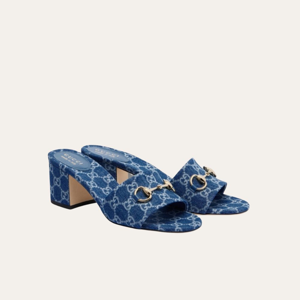 Gucci Women Slide Sandal With Horsebit Blue GG Denim 854882 FAFGT 4746