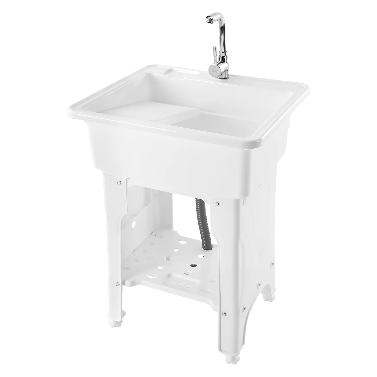 Freestanding Laundry Sink Plastic Basin Tub Utility Wash Bowl with Hot&Cold Faucet/Washboard for Sundry Rooms