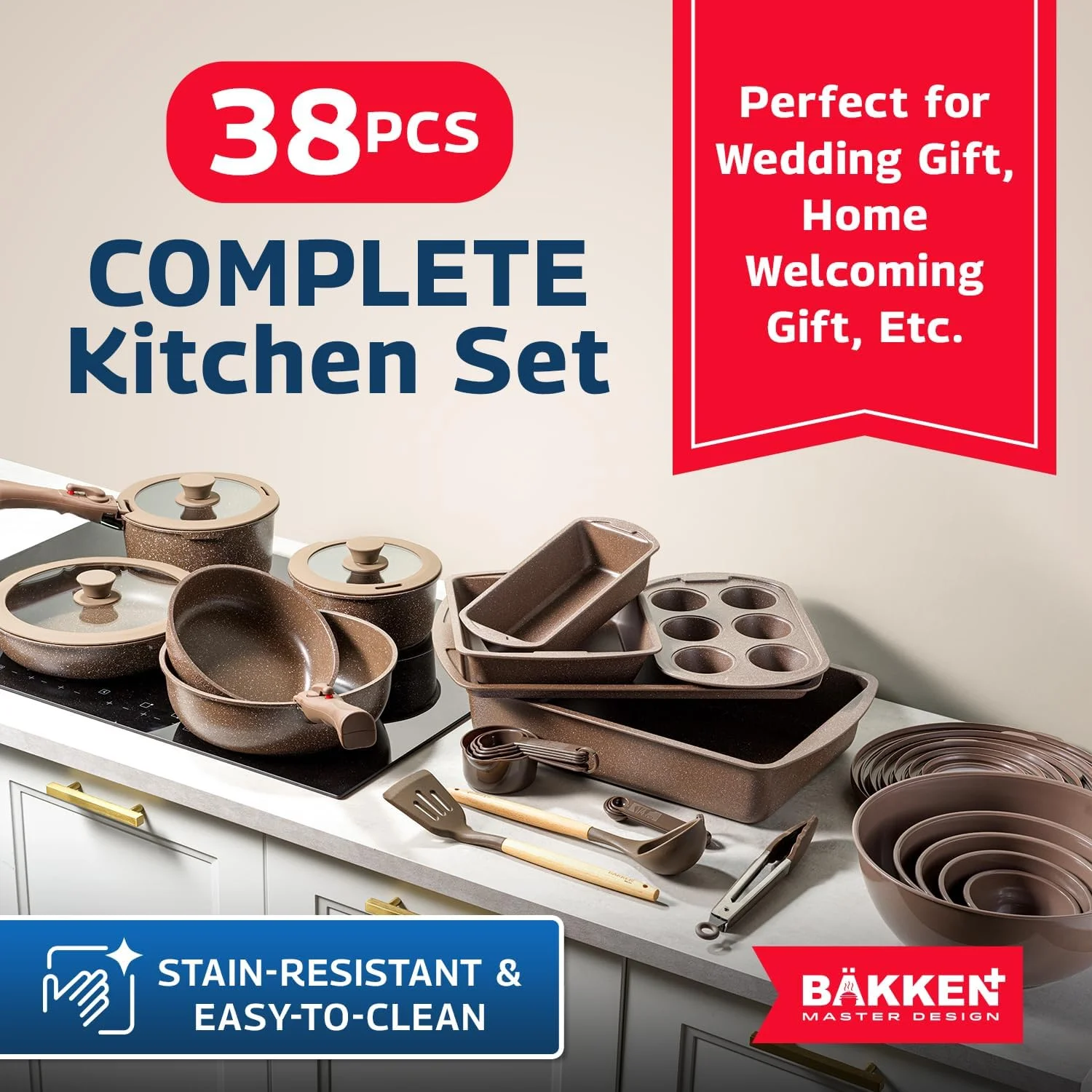 Bakken Master 38 Piece Granite Cookware and Bakeware Set �C Nonstick Granite Coating, Pots and Pans with Detachable Handles and Tempered Glass Lids, 6-piece Bakeware set, 12-piece Mixing Bowls,Brown