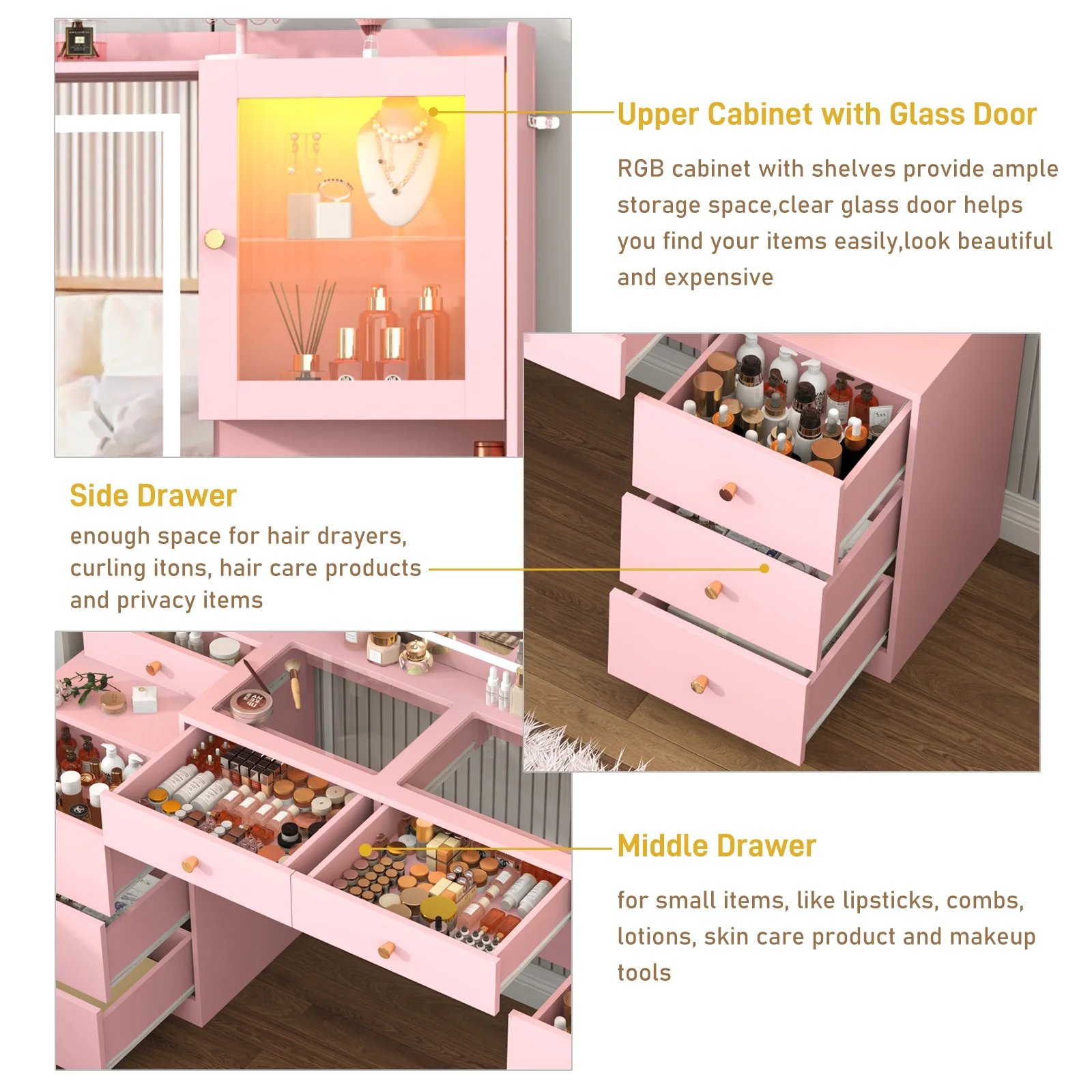 ChVans 62'' Large Vanity Desk with Tempered Glass Top, 60000-color LED Lights, Charging Station, White Makeup Vanity with 3 Lights Mode LED Mirror, 9 Drawers, 2 RGB cabinets for Women, Girls Gift