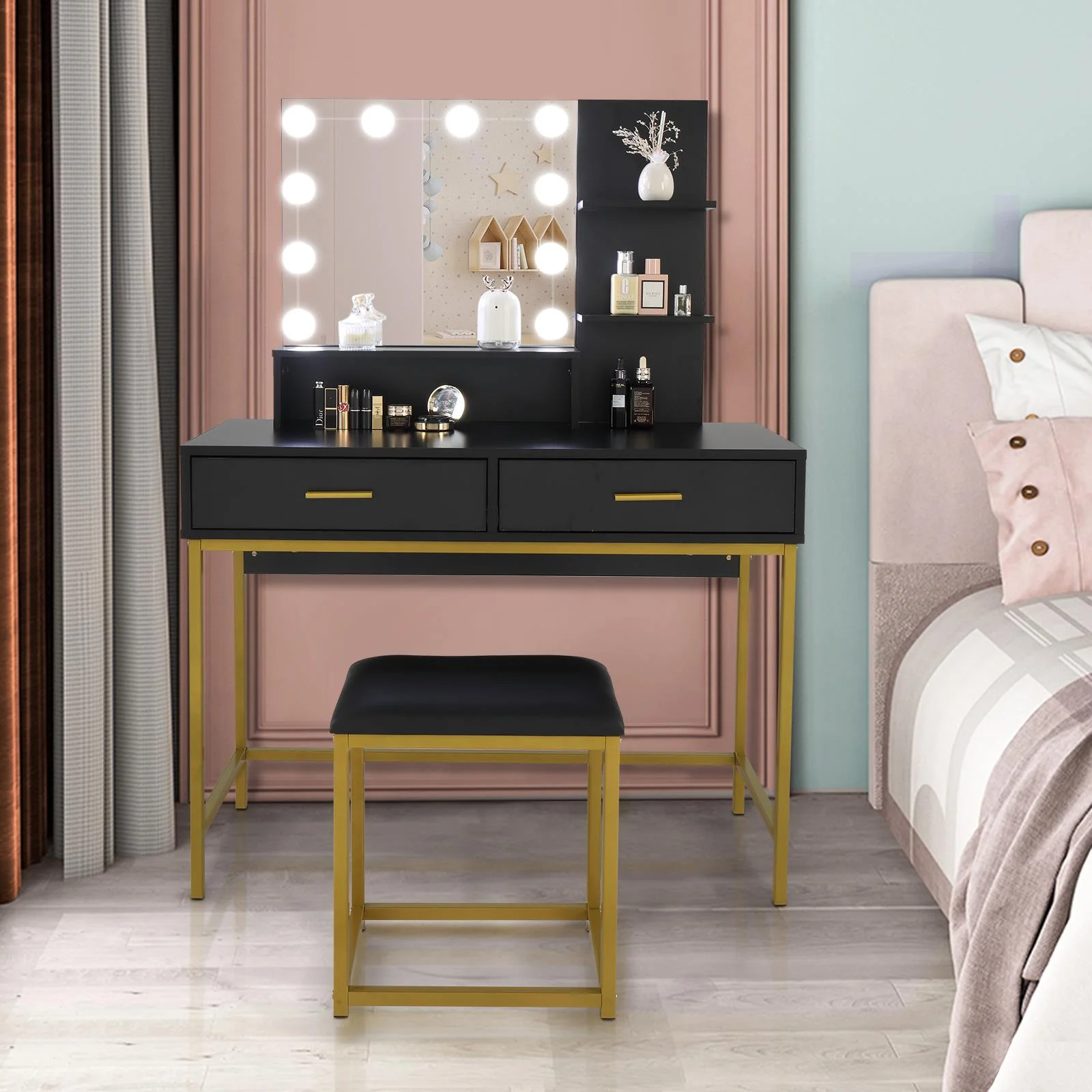 Ktaxon Vanity Table Set with 3 Color Lighted Mirror & Stool, Makeup Vanity Dressing Table, 2 Drawers and Storage Shelves for Bedroom, Gold Vanity Desk for Women (White)