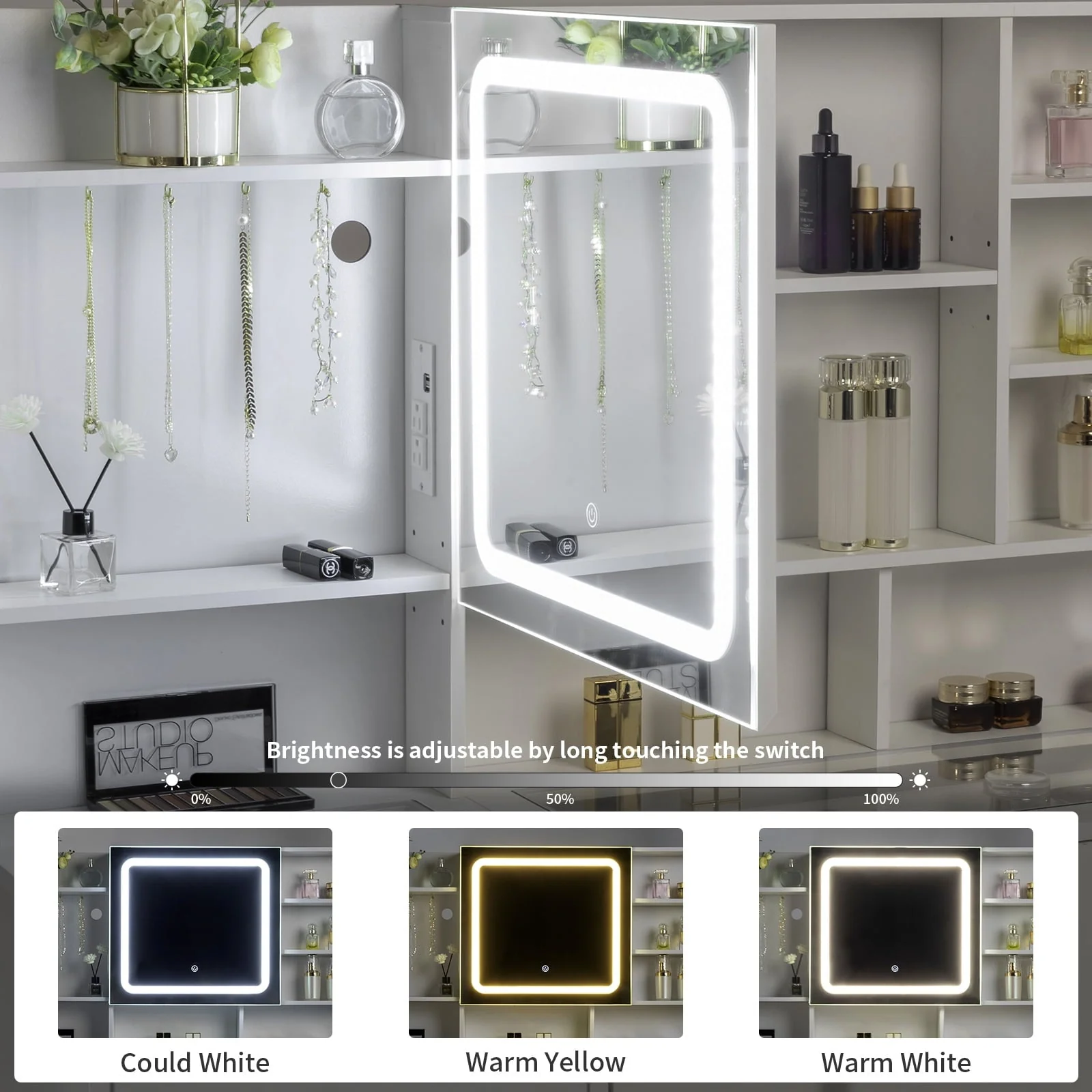 Ktaxon Makeup Vanity with 3 Color Lights, Vanity Desk with USB Charging Station, Vanity Makeup Table with Visible Drawers, Hidden and Open Storage Shelves, White