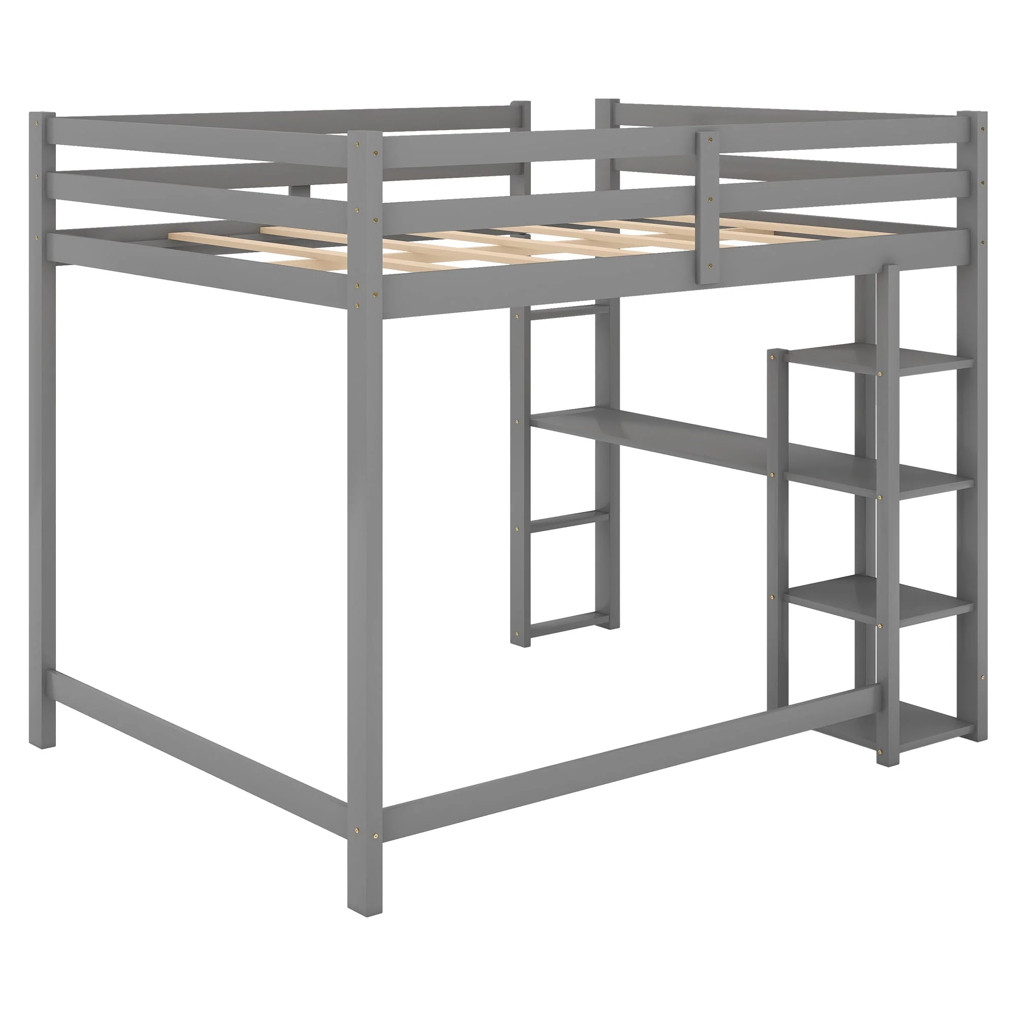 Euroco Full Size Loft Bed with Built-in Desk and Shelves, Gray
