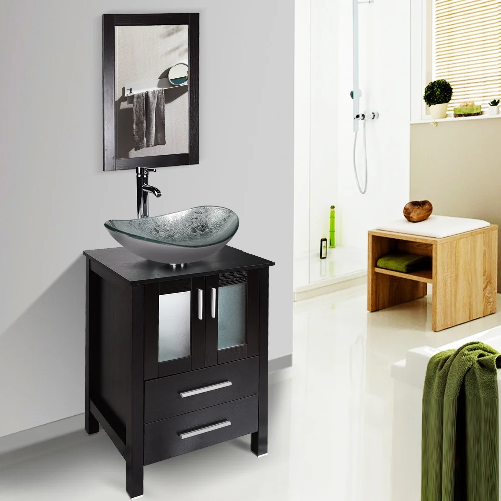 PULUOMIS Vessel Sink and Faucet Combo Bath Sinks with Mounting Ring and Pop Up Drain Round Bowl Basin Brown