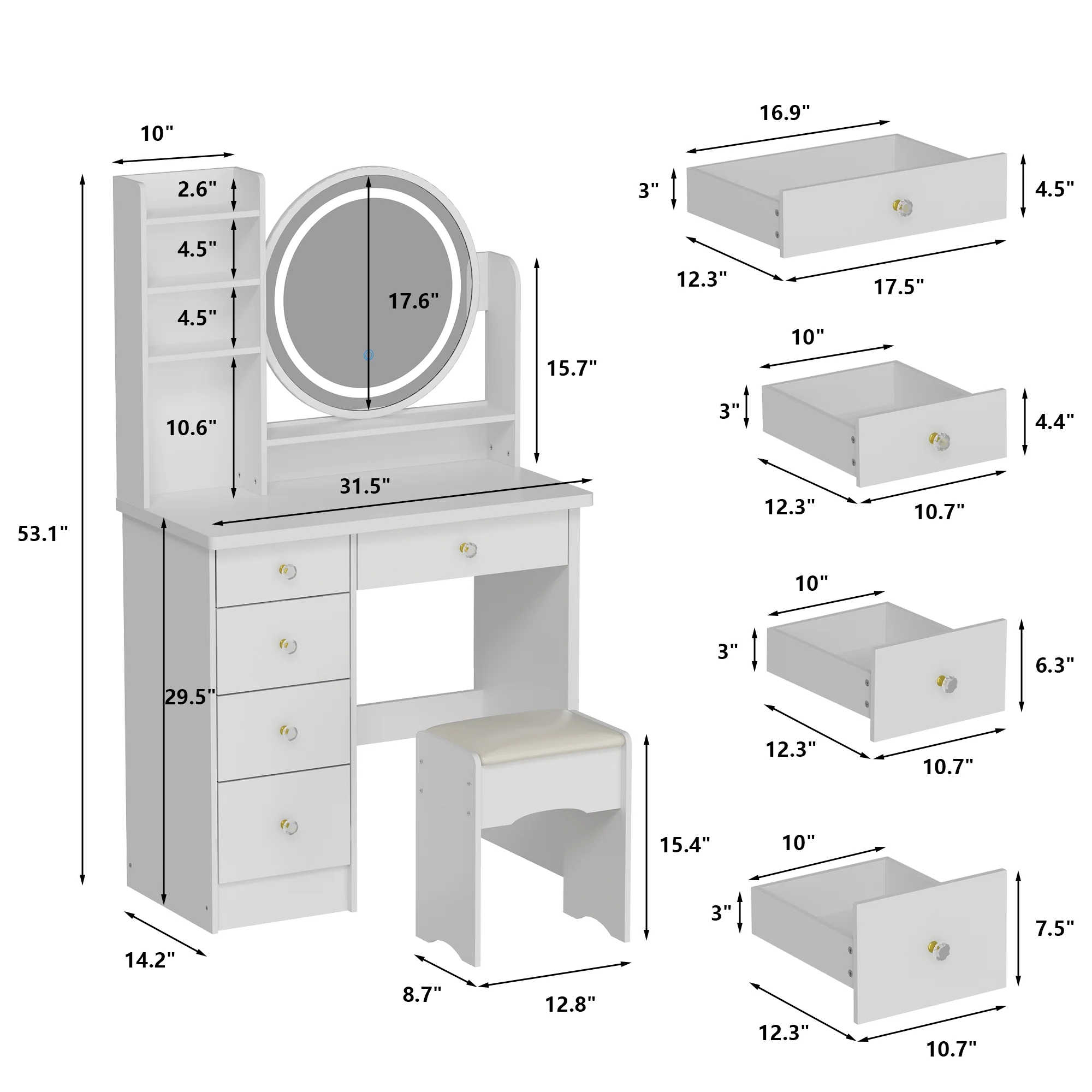 KULAGAGA Vanity Table Set with Light Mirror, Makeup Table with 3 Storage Shelves & 5 Drawers, Dressing Vanity Tables with , Dresser Desk for Girls, Women, White