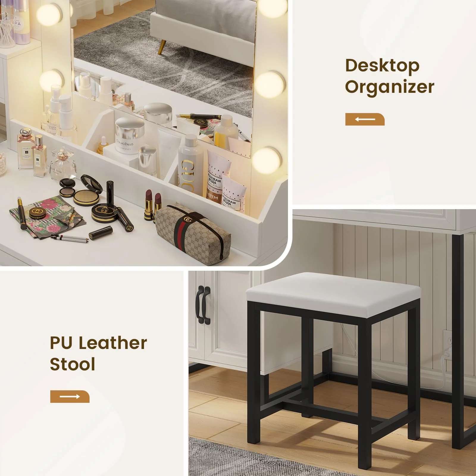 AMUZER Modern Vanity Desk Set with Mirror and Lights & Stool, Makeup Vanity Table with Charging Station, 4 Stoarge Drawers & Double-Door Cabinet, White