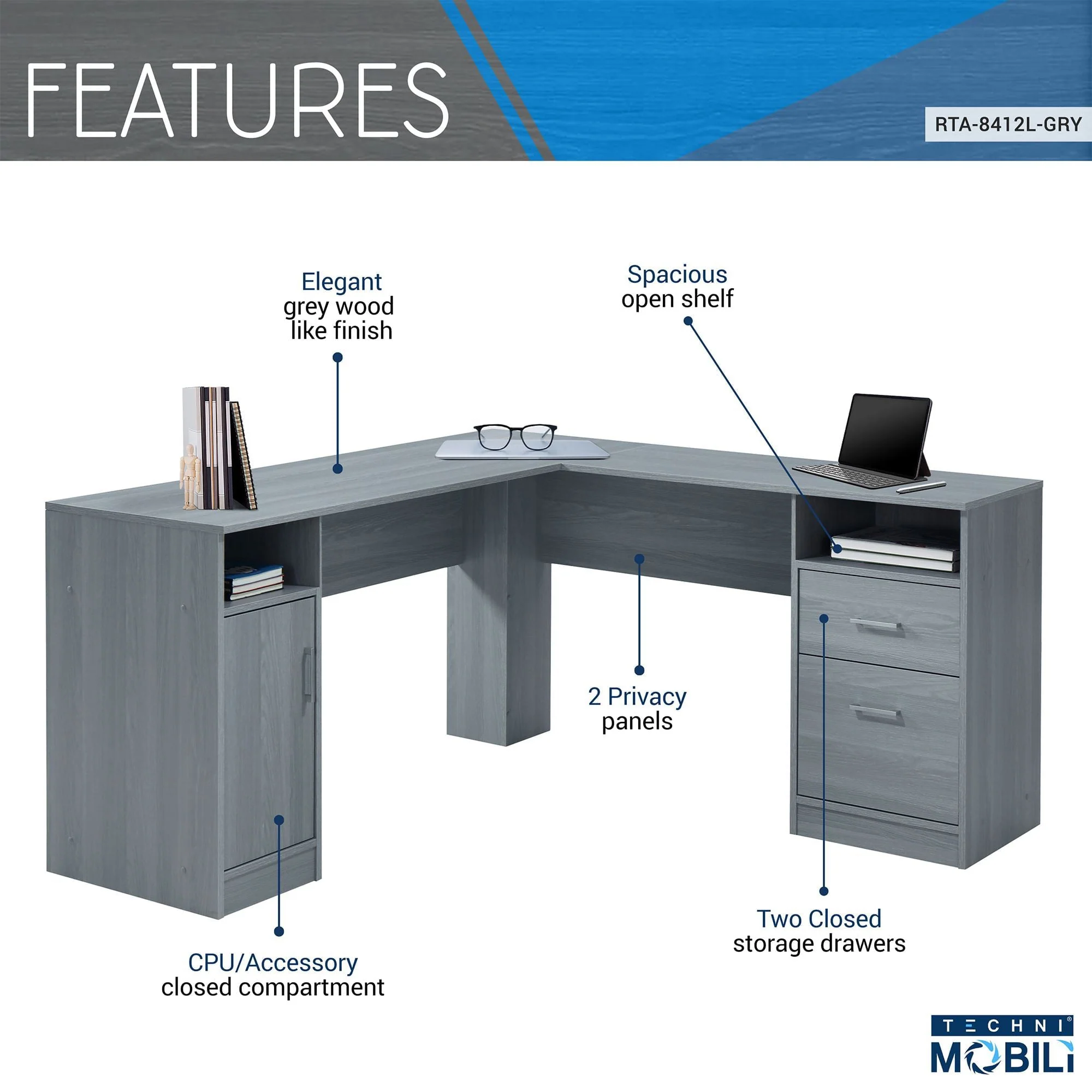Techni Mobili Functional L-Shape Desk with Storage, Grey