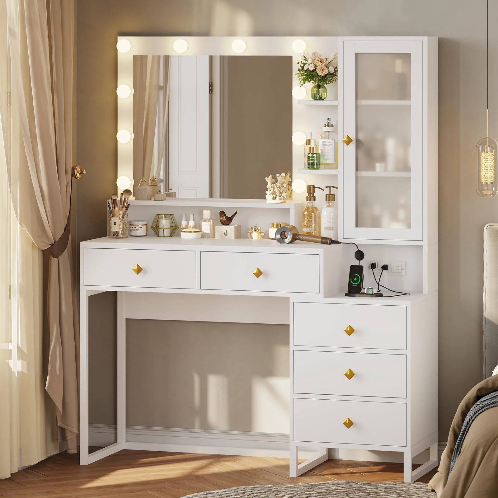 Afuhokles Large Makeup Vanity with Lights, Vanity Table with Charging Station Vanity Desk with Mirror and 10 LED Light Bulbs, 5 Drawers, White