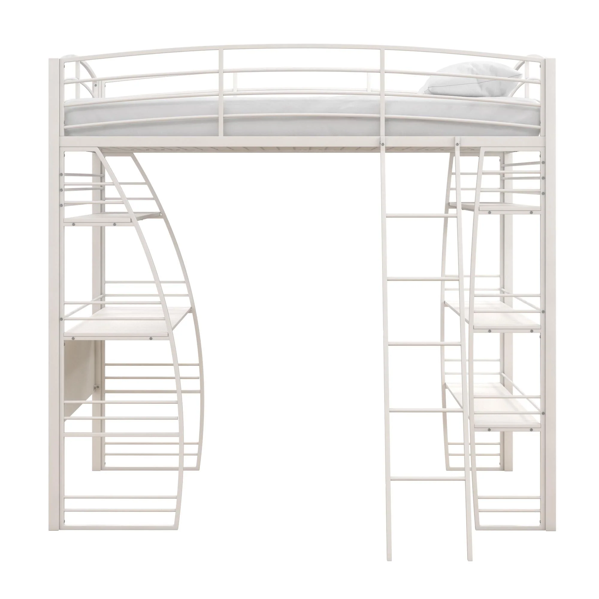 DHP Sage Studio Twin Metal Loft Bed with Integrated Desk and Shelves, Off White