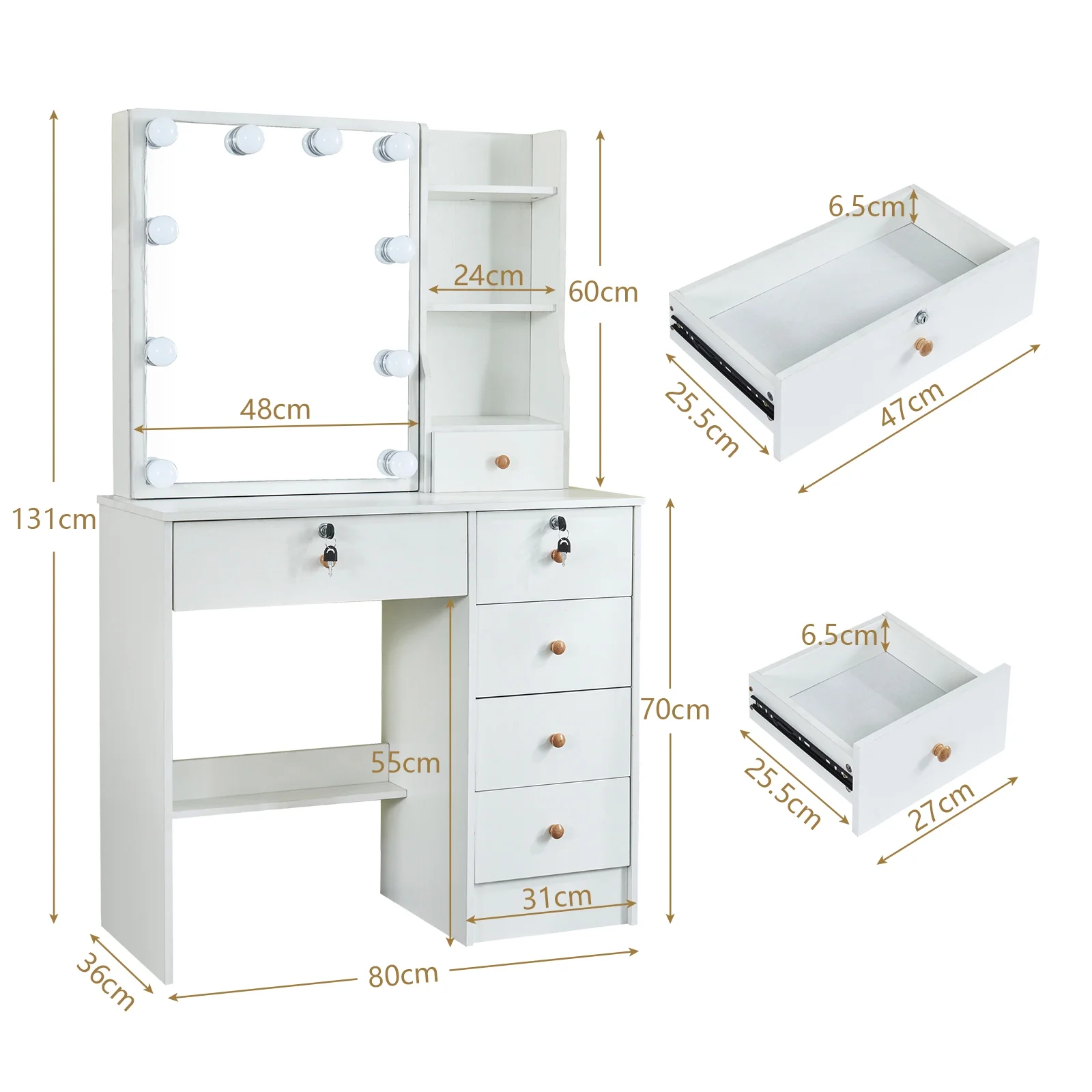 Yamissi Modern Makeup Vanity for Bedroom, Vanity Desk with LED Lighted Sliding Mirror and Stool, Makeup Table with Storage Shelves and Drawers, White