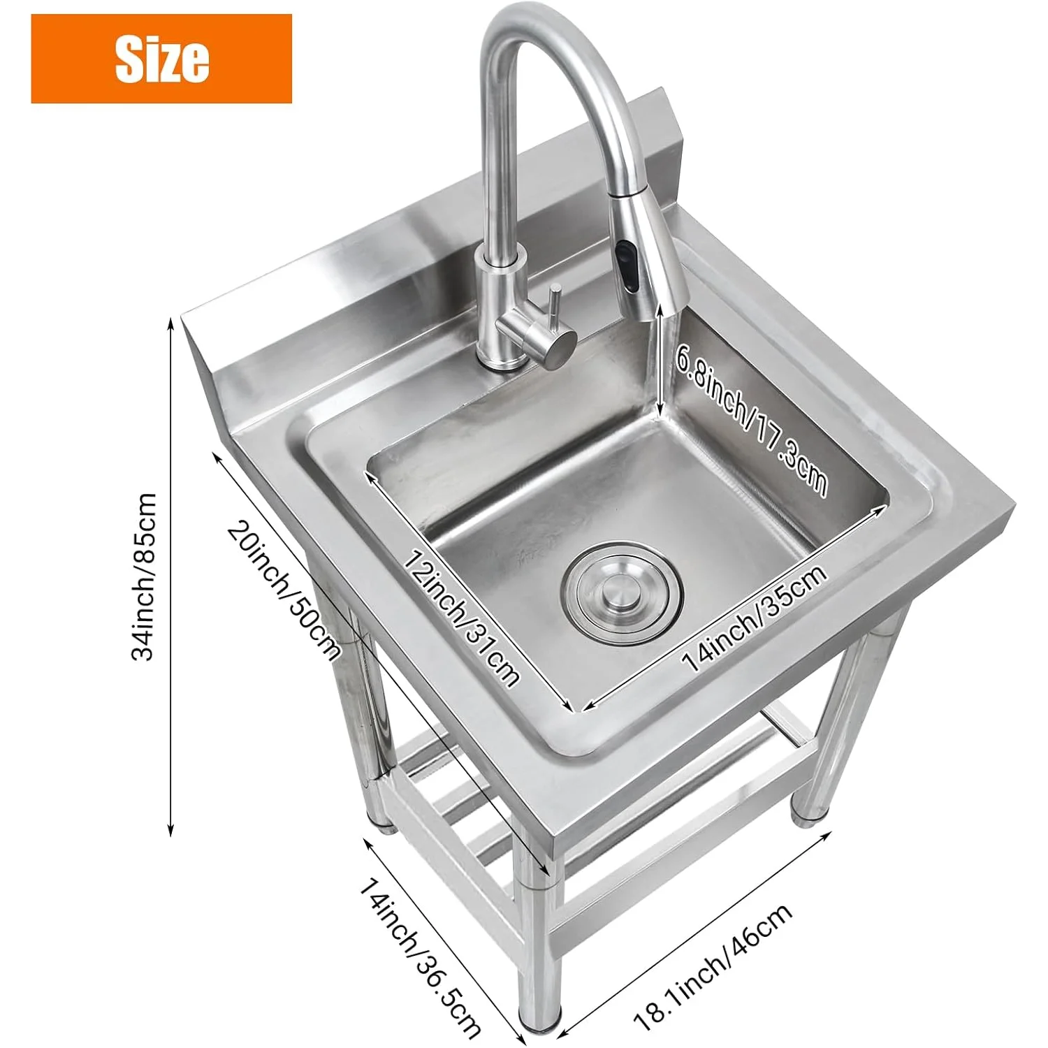 M optimized Stainless Steel Utility Sink, Free Standing Single Bowl Laundry Sink with Cold and Hot Water Pipes&Pull-Down Faucet for Restaurant Indoor&Outdoor