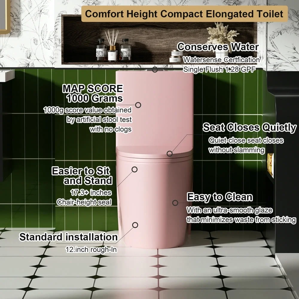 Spaco 1.1/1.6 GPF Dual Flush One-Piece Toilet, Button on Tank top S-trap 12 inches, Elongated Bowl with Soft Close Seat, Water-Saving MAP 1000g, Comfort Chair Seat ADA Height, Light Gray