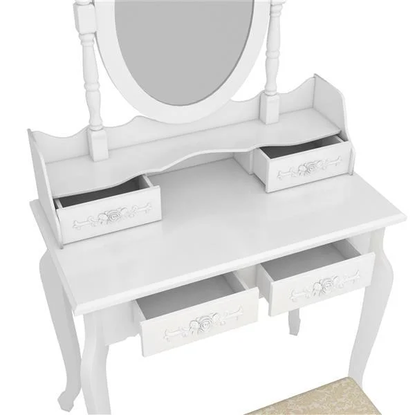 Alvantor Makeup Vanity Desk with Mirror, 4-Drawer Dressing Table with 360�� Rotation Mirror & Stool, White