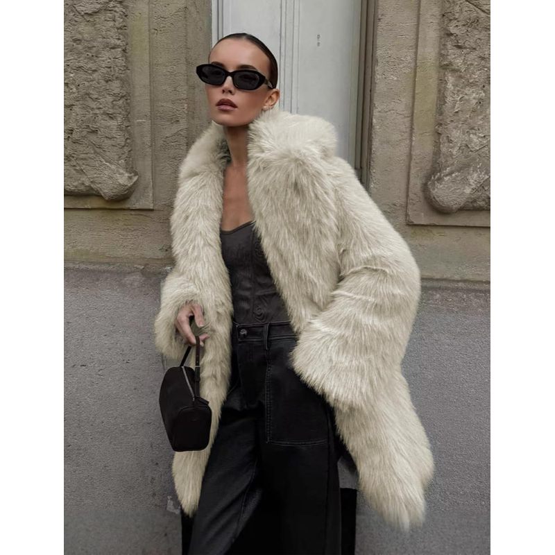 Women's Faux Fur Coat Fluffy Lapel Furry Jacket Long
