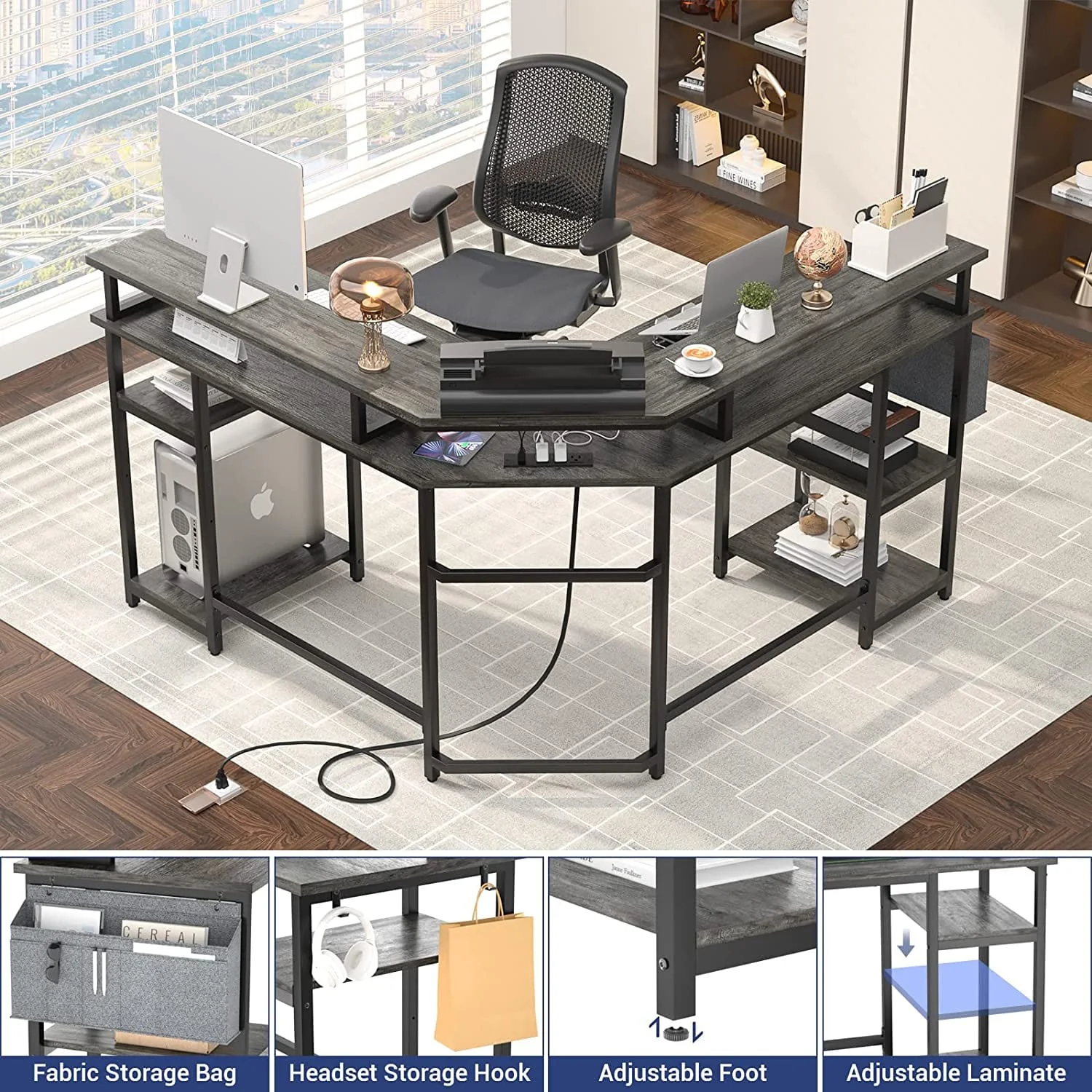 Homieasy L Shaped Desk with Power Outlet and Monitor Stand, 55