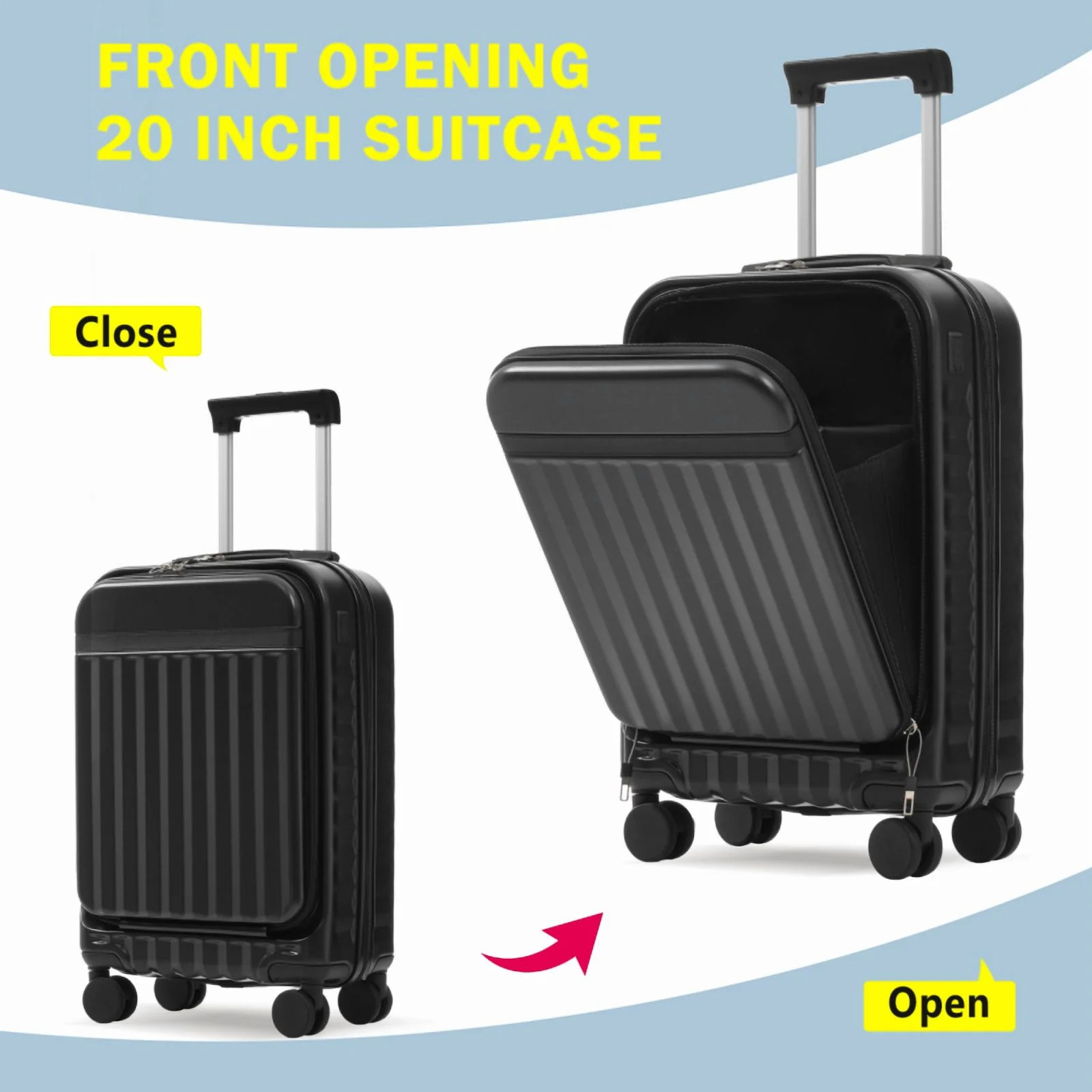 Front Opening Luggage Set 3 Piece, Hardside Carry on Suitcase with USB Port, Expandable Luggage with Handle Bag Spinner Wheels TSA Lock