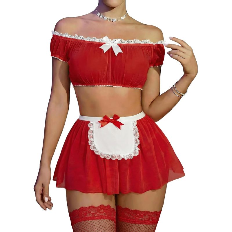 Sexy Maid Outfit Set Off-shoulder Mesh Top