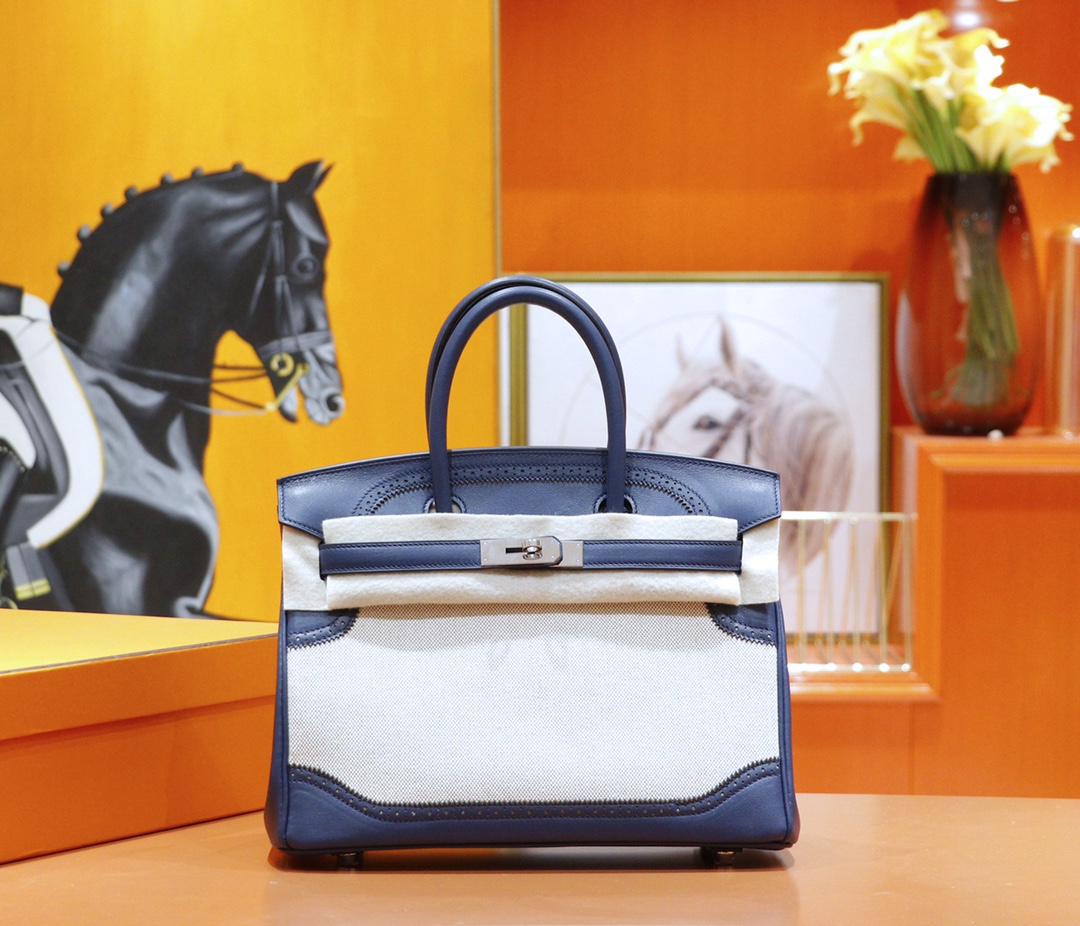 Hermes Birkin platinum bag, lace version, Swift color, navy blue, full hand-stitched calfskin, silver buckle, 30cm customization