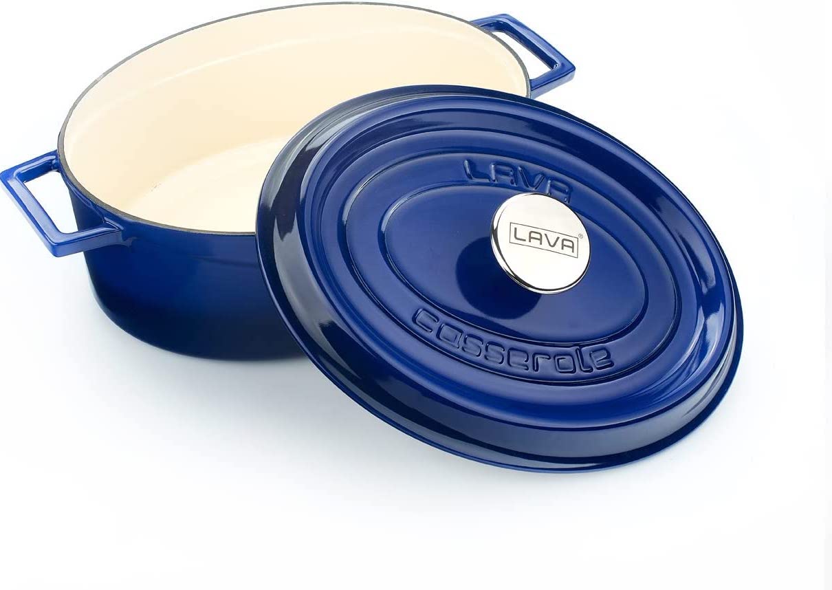 LAVA 6.75 Quarts Cast Iron Dutch Oven: Multipurpose Stylish Oval Shape Dutch Oven Pot with Three Layers of Enamel Coated with Trendy Lid (Blue)