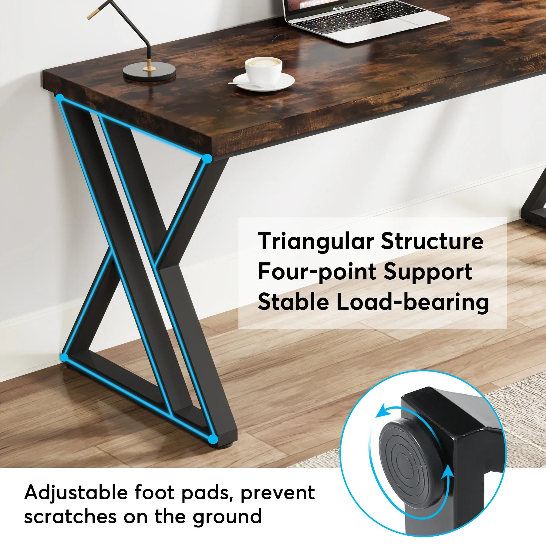 Heavy Duty Study Desk with Z-Shaped Metal Leg, Modern Simple Home Office Computer Desk, Rustic Brown