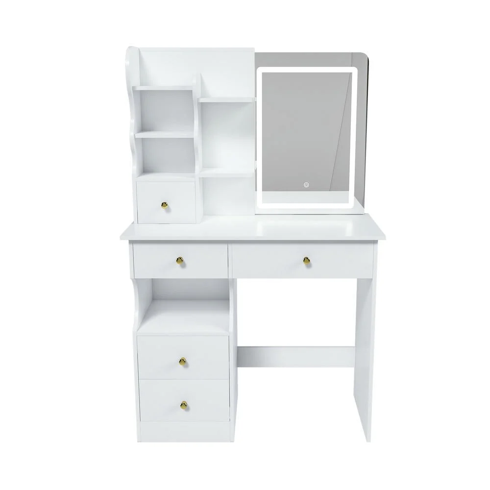 Kadyn Vanity Desk with Lighted Mirror, Vanity Table and Chair Set with 2 Drawers, Dressing Table Makeup Desk with 1 Door, Retro Gray