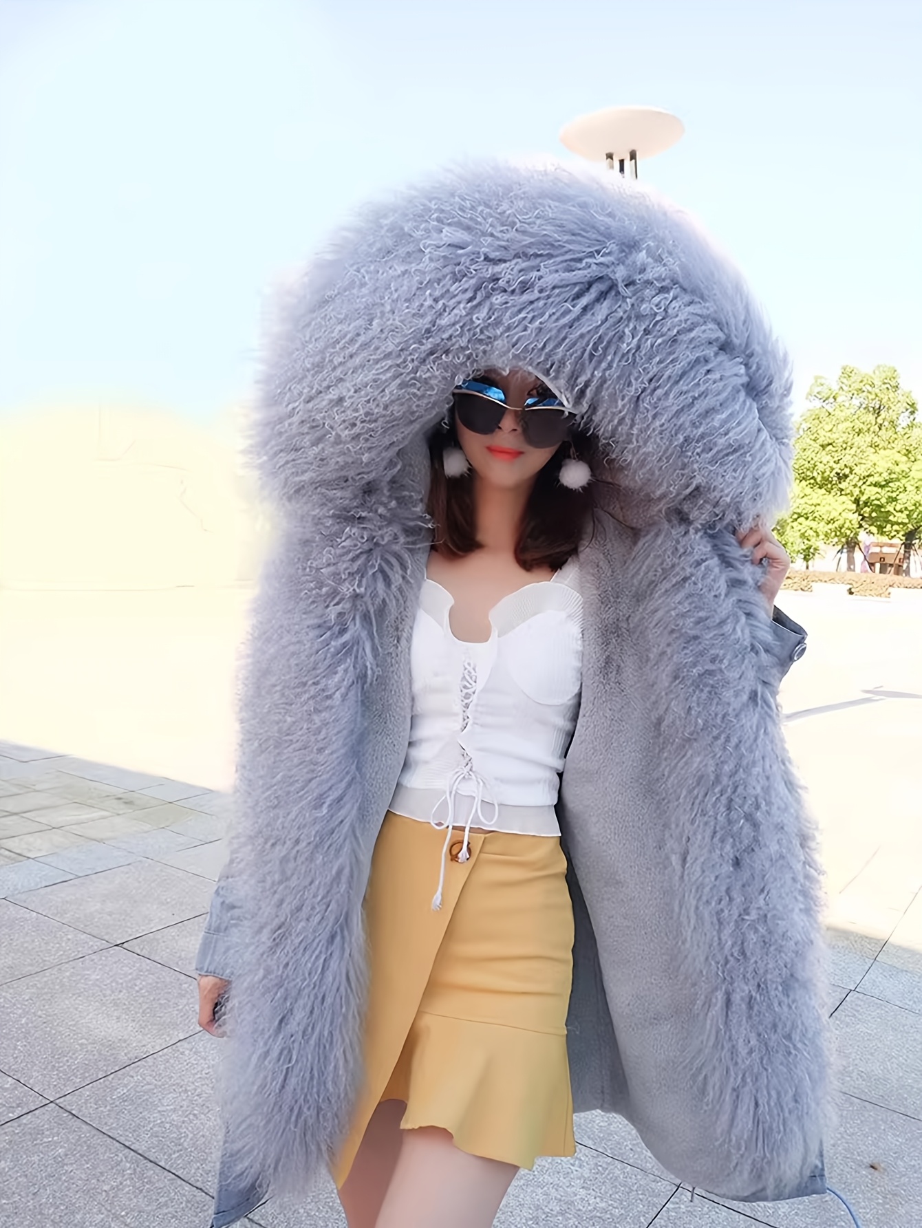 Women’s Fashion Winter High Street Faux Fur Collar Coat, Long Length, Solid Color, Polyester 100%, Non-Stretch Fabric
