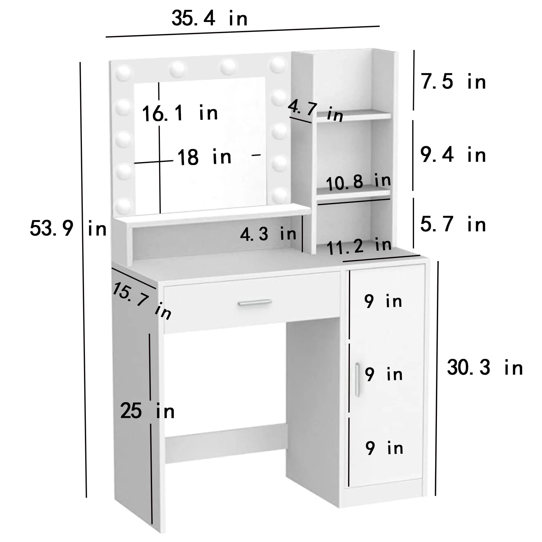 Palimder Vanity Desk, Large Drawer & 3 Level Storage Dresser, Bedroom Dressing Table White