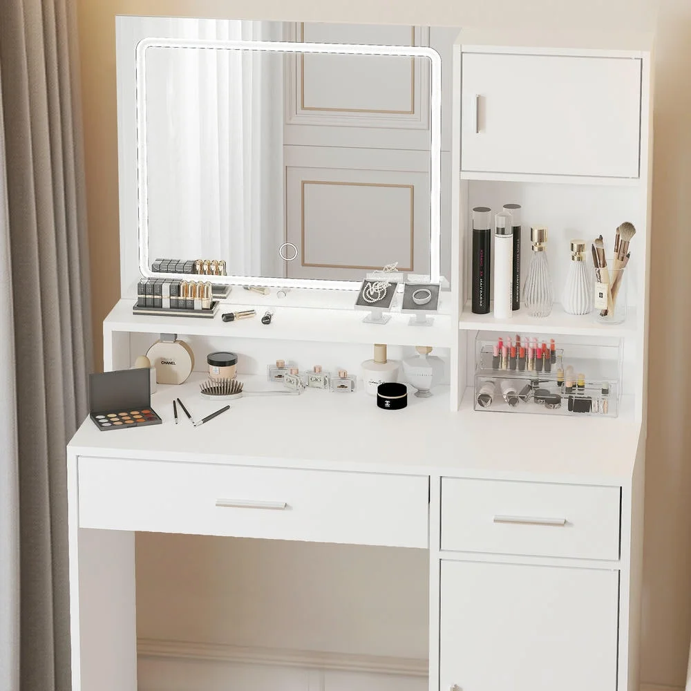 Kadyn Vanity Desk with Lighted Mirror, Vanity Table and Chair Set with 2 Drawers, Dressing Table Makeup Desk with 1 Door, Retro Gray