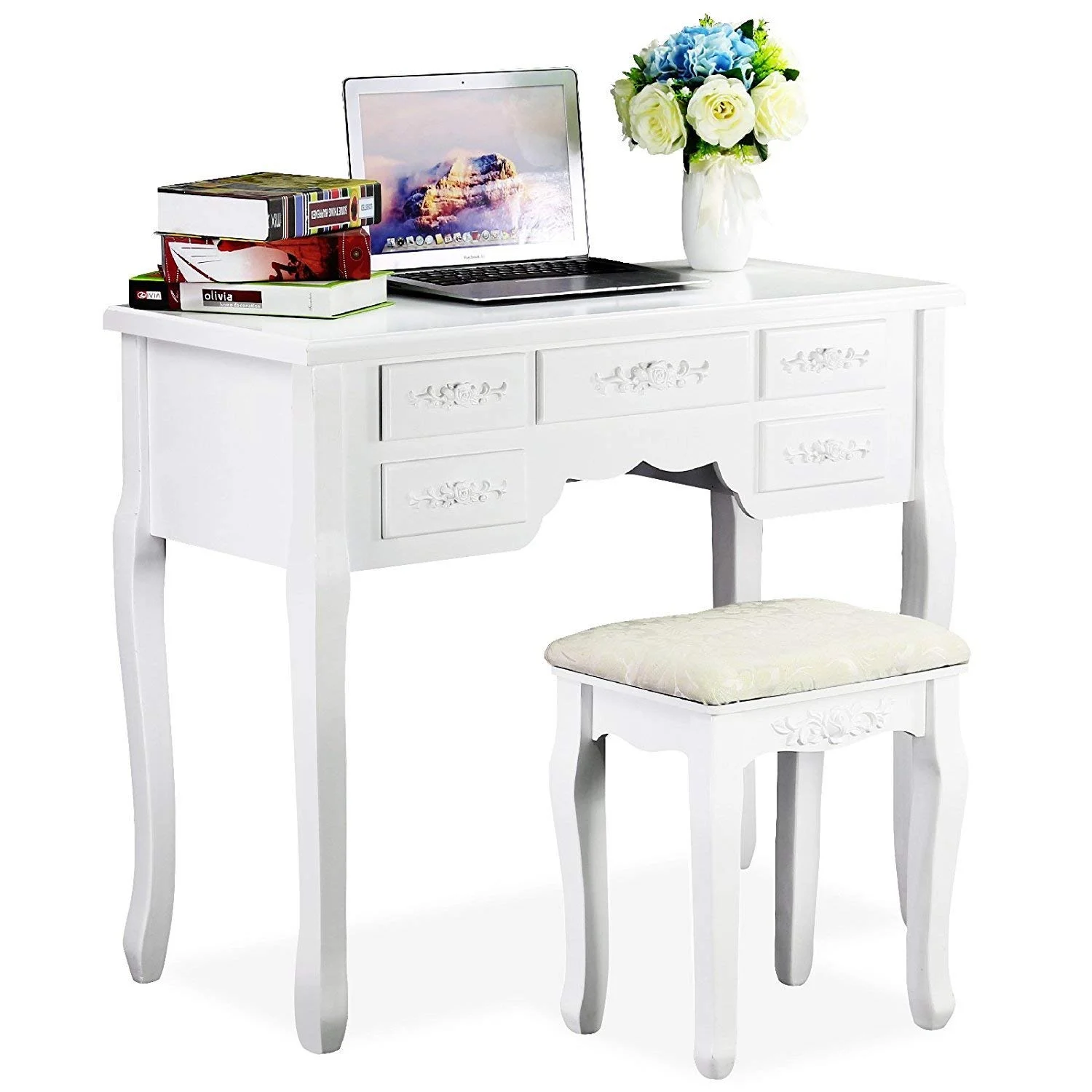 Ktaxon Vanity Set,Flip-top Mirror Dressing Table Makeup Vanity Table Writing Desk with 2 Drawers and Stool, White